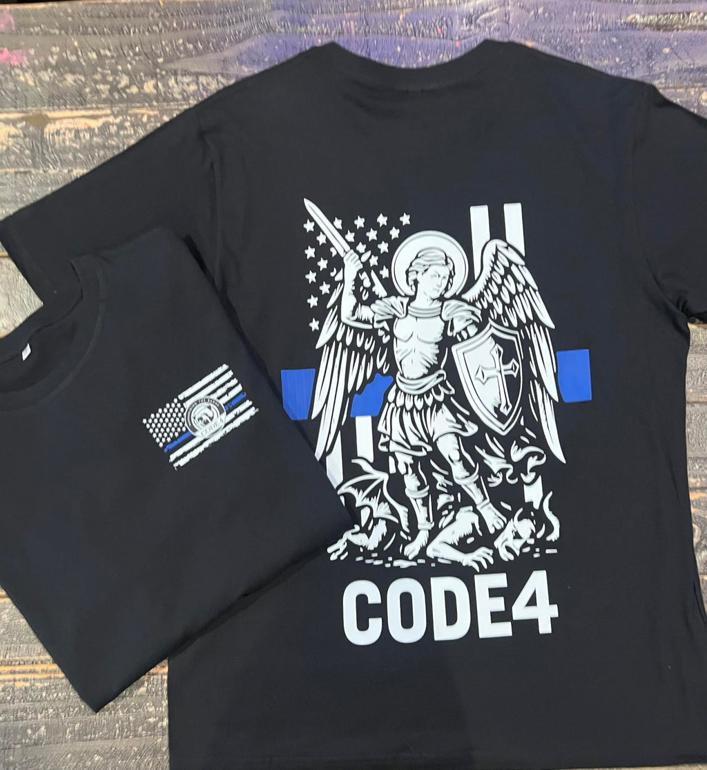 Code 4 St. Michael Archangel Thin Blue Line T-Shirt – Law Enforcement Support Tee, 180 GSM Combed Cotton, Unisex Fit