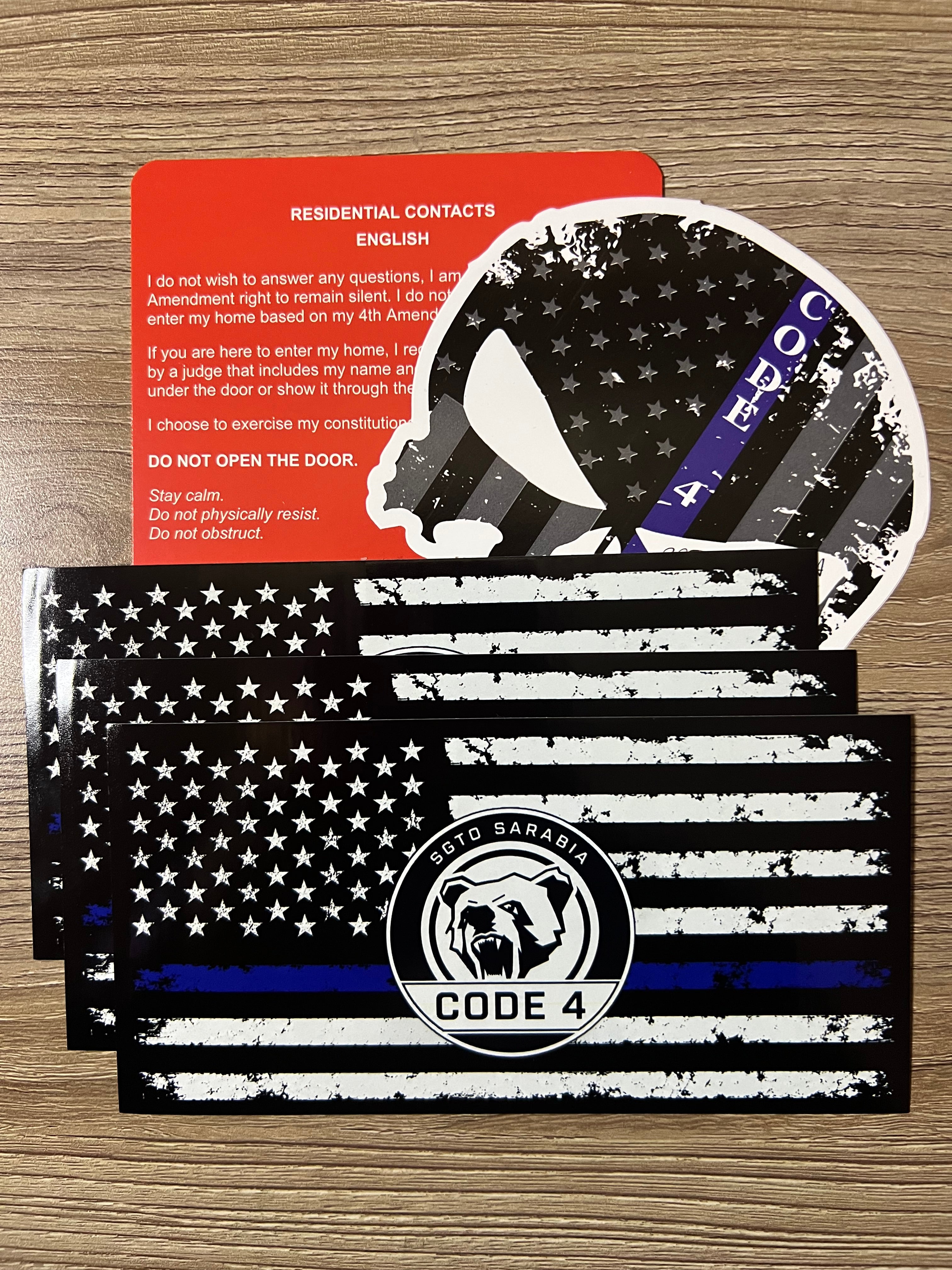 SGTO SARABIA Thin Blue Line Code 4 Decal Bundle – Waterproof Vinyl Flag Stickers with Skull Decal & Free Bilingual Red Card