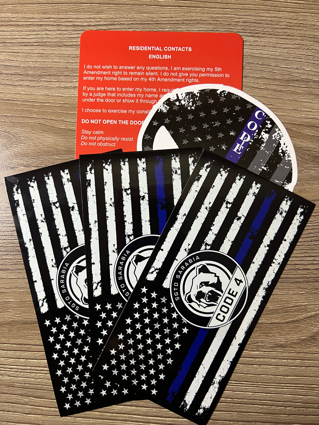 SGTO SARABIA Thin Blue Line Code 4 Decal Bundle – Waterproof Vinyl Flag Stickers with Skull Decal & Free Bilingual Red Card