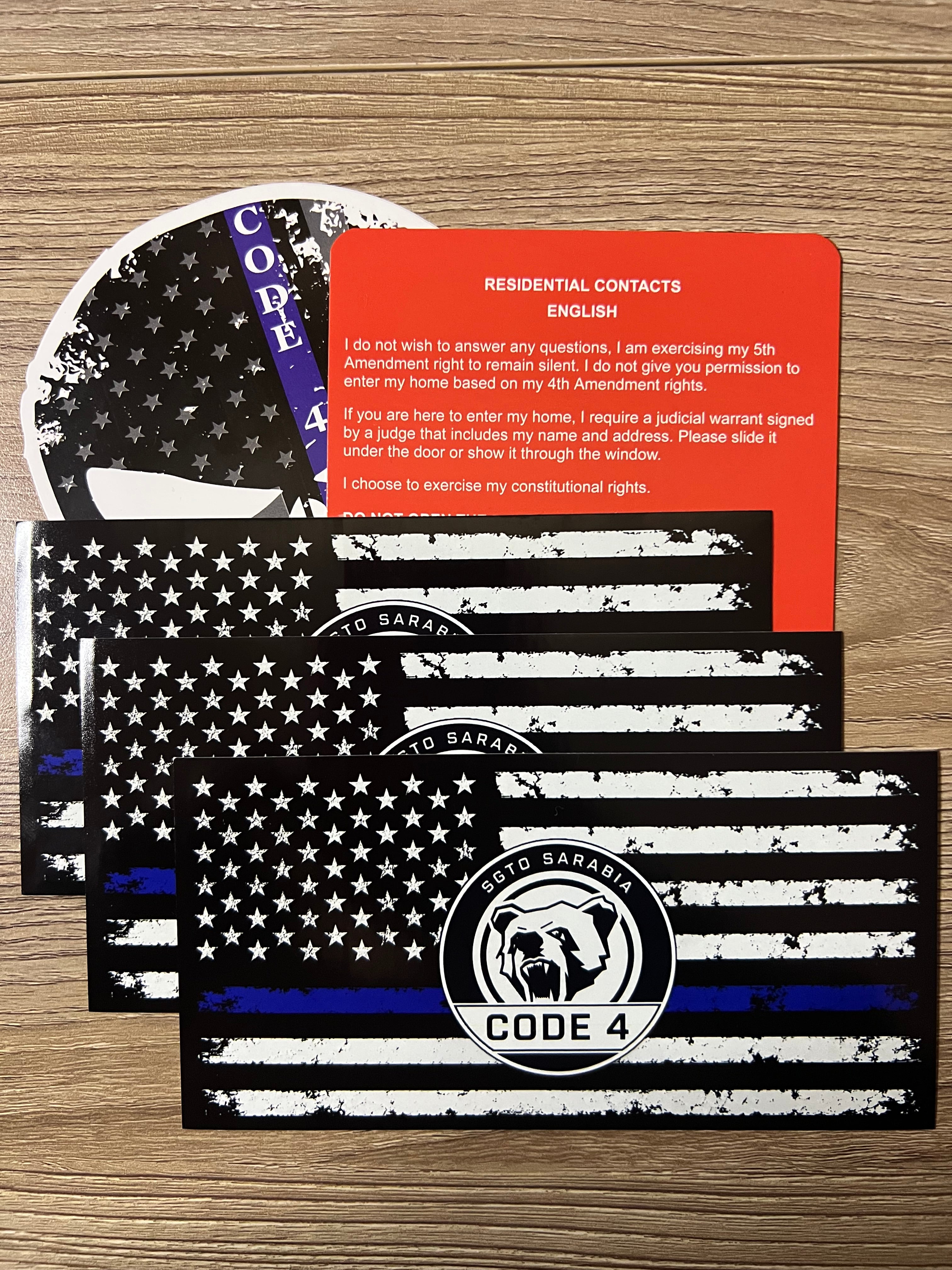 SGTO SARABIA Thin Blue Line Code 4 Decal Bundle – Waterproof Vinyl Flag Stickers with Skull Decal & Free Bilingual Red Card