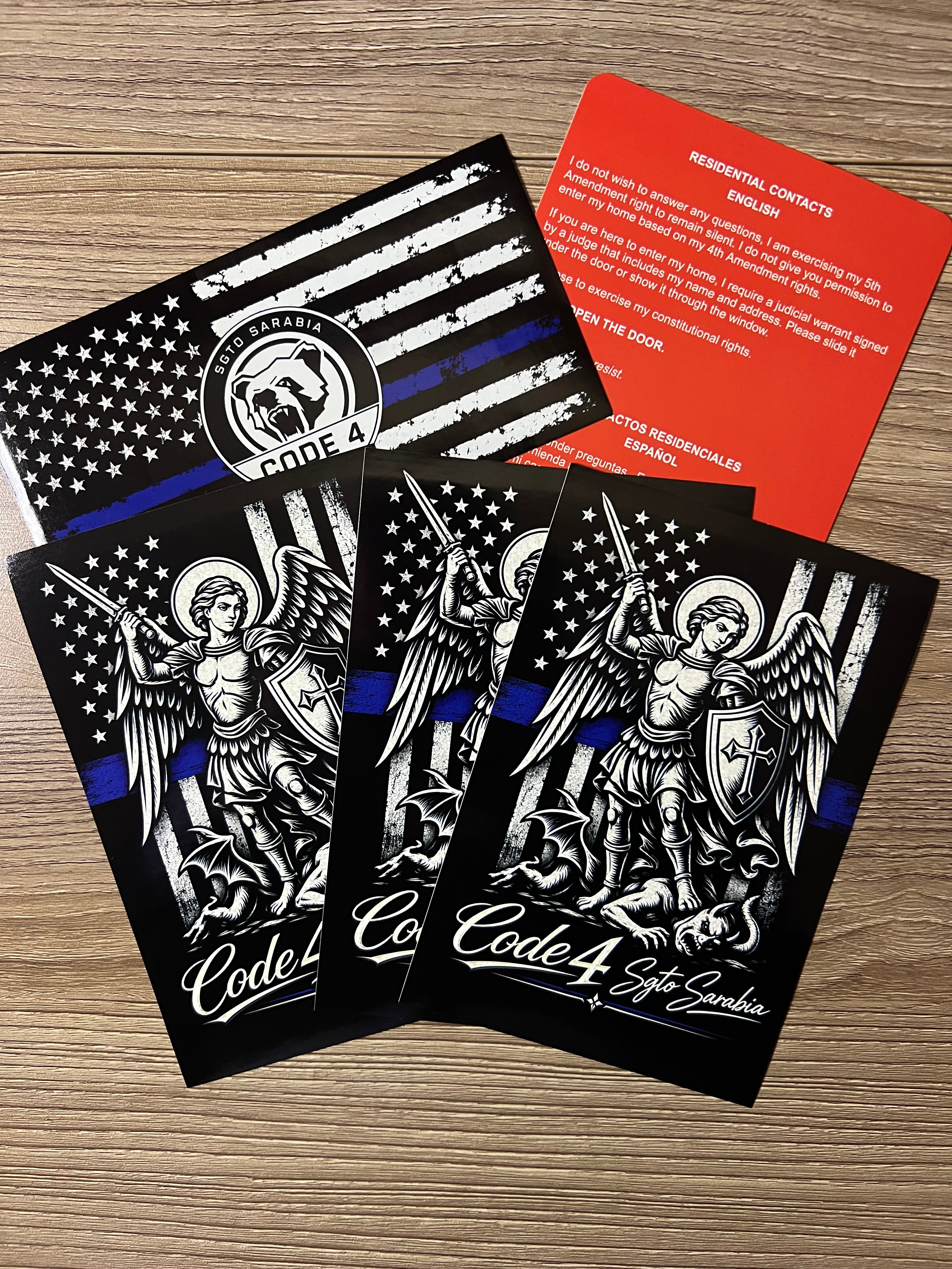 SGTO SARABIA St. Michael Archangel Code 4 Decal Bundle – Waterproof Vinyl Decals with Thin Blue Line Flag & Free Bilingual Red Card