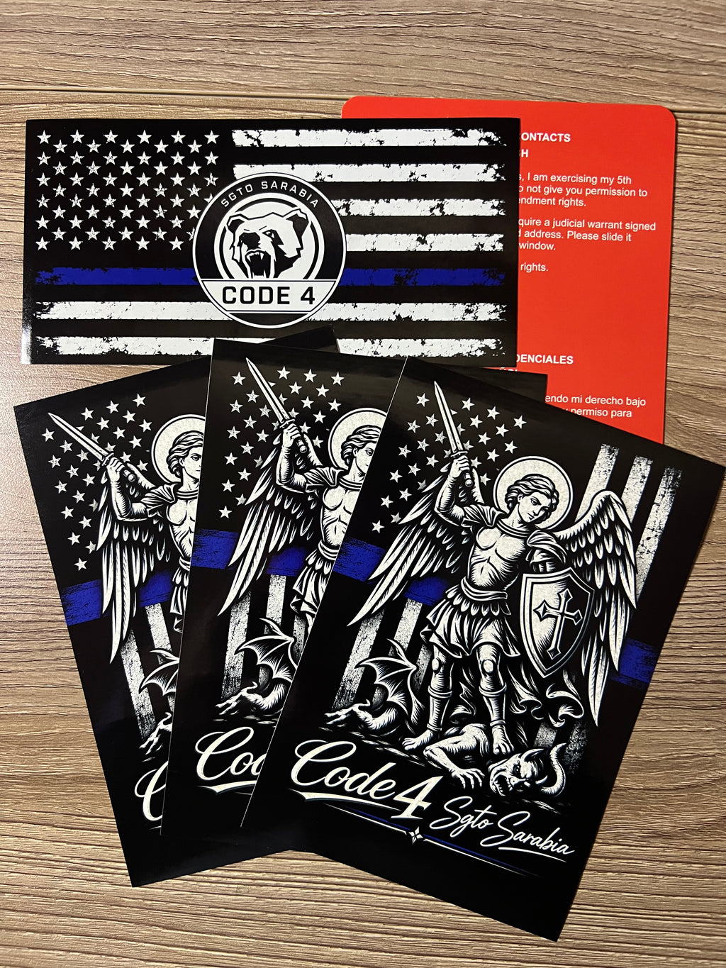 SGTO SARABIA St. Michael Archangel Code 4 Decal Bundle – Waterproof Vinyl Decals with Thin Blue Line Flag & Free Bilingual Red Card