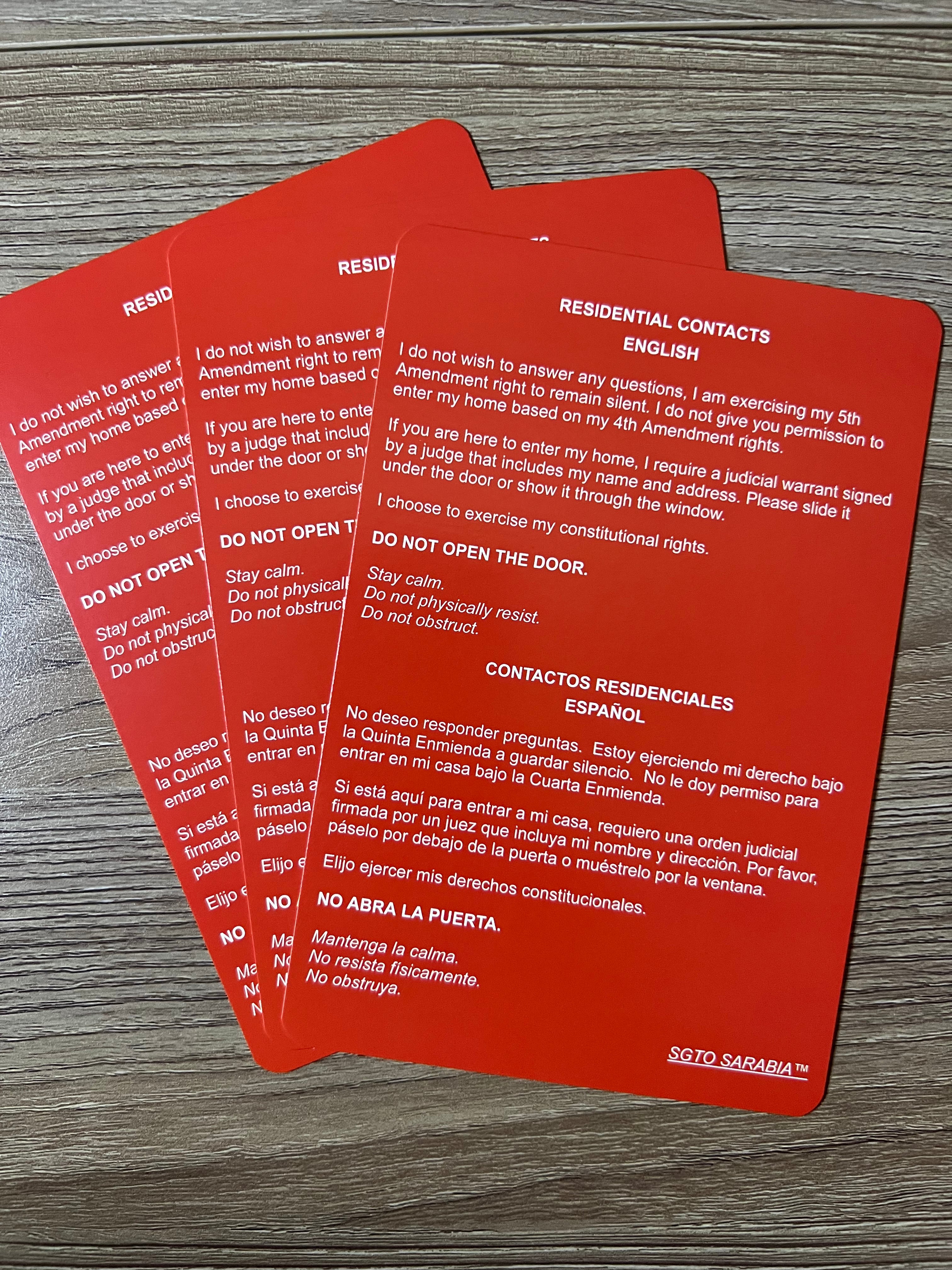 SGTO SARABIA Bilingual Red Card Constitutional Rights Card English Spanish