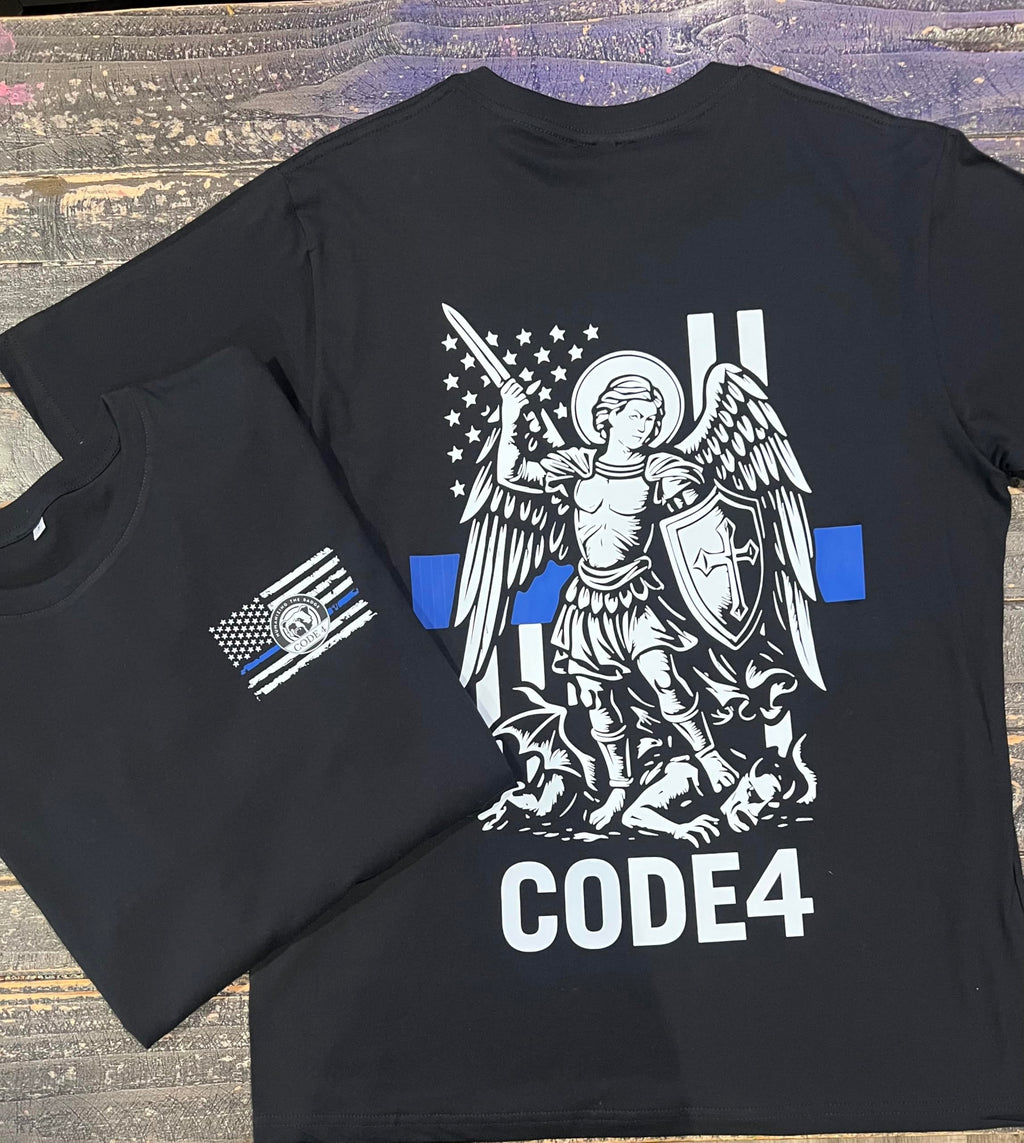 Code 4 St. Michael Archangel Thin Blue Line T-Shirt – Law Enforcement Support Tee, 180 GSM Combed Cotton, Unisex Fit