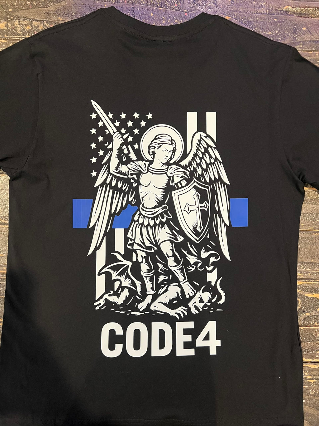 Code 4 St. Michael Archangel Thin Blue Line T-Shirt – Law Enforcement Support Tee, 180 GSM Combed Cotton, Unisex Fit