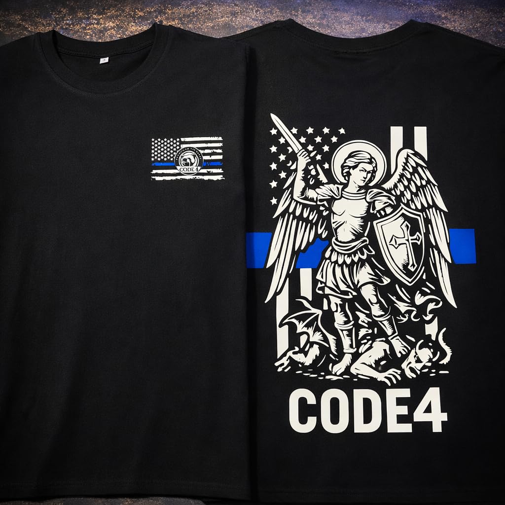 Code 4 St. Michael Archangel Thin Blue Line T-Shirt – Law Enforcement Support Tee, 180 GSM Combed Cotton, Unisex Fit