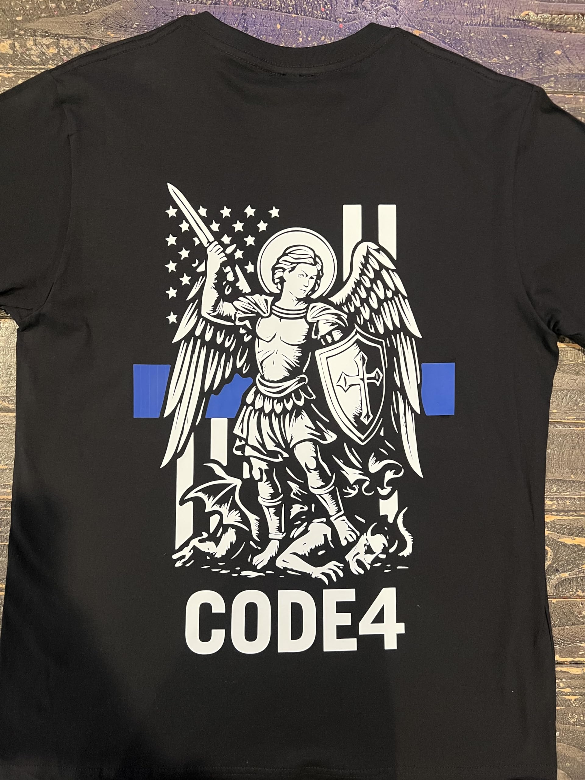 Code 4 St. Michael Archangel Thin Blue Line T-Shirt – Law Enforcement Support Tee, 180 GSM Combed Cotton, Unisex Fit
