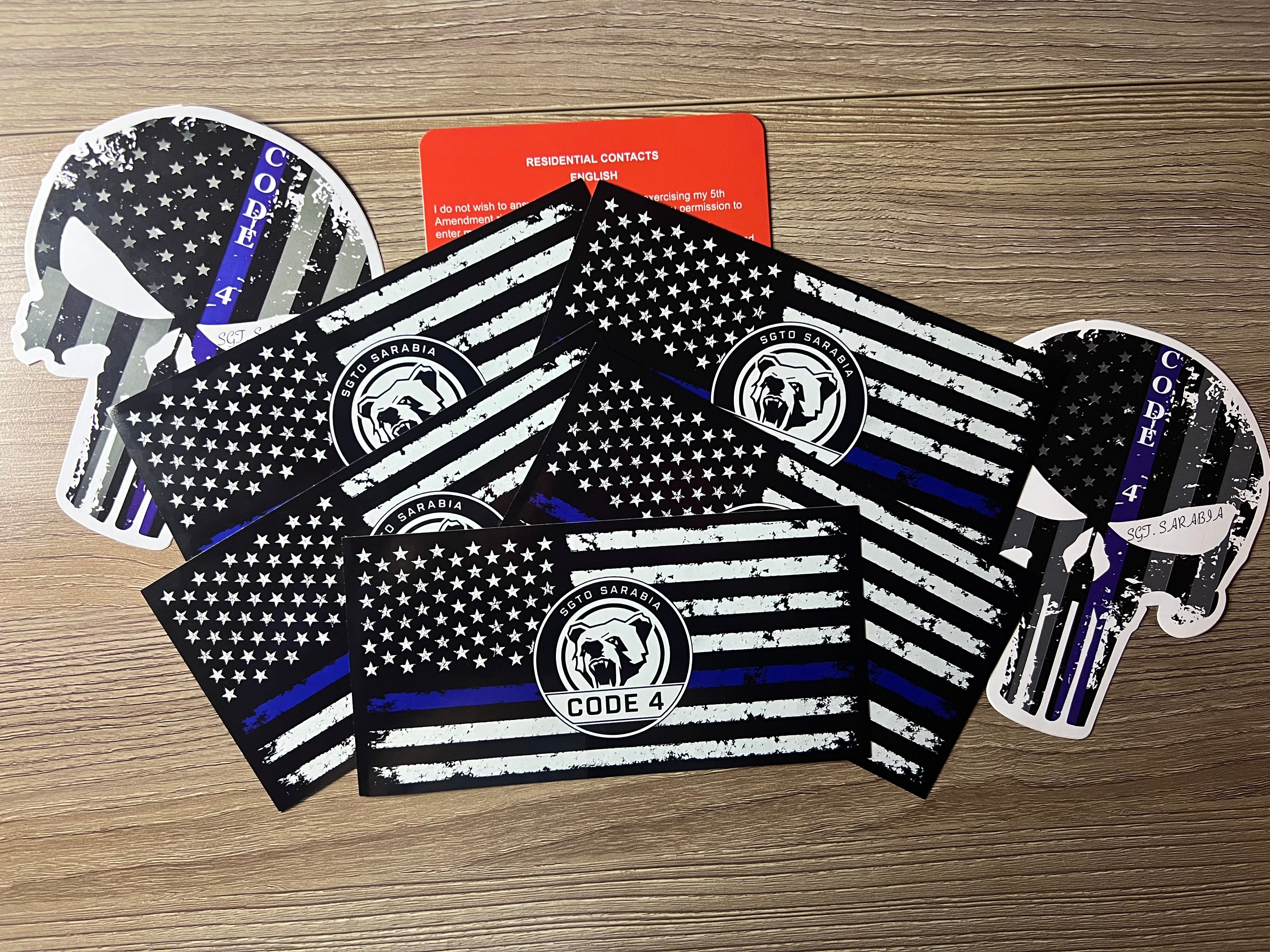 SGTO SARABIA Thin Blue Line Code 4 Decal Bundle – 5 Flag Stickers, 2 Skull Decals & Free Bilingual Red Card