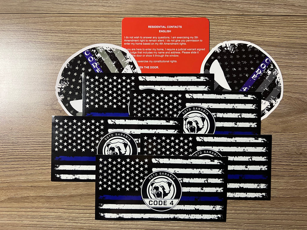 SGTO SARABIA Thin Blue Line Code 4 Decal Bundle – 5 Flag Stickers, 2 Skull Decals & Free Bilingual Red Card