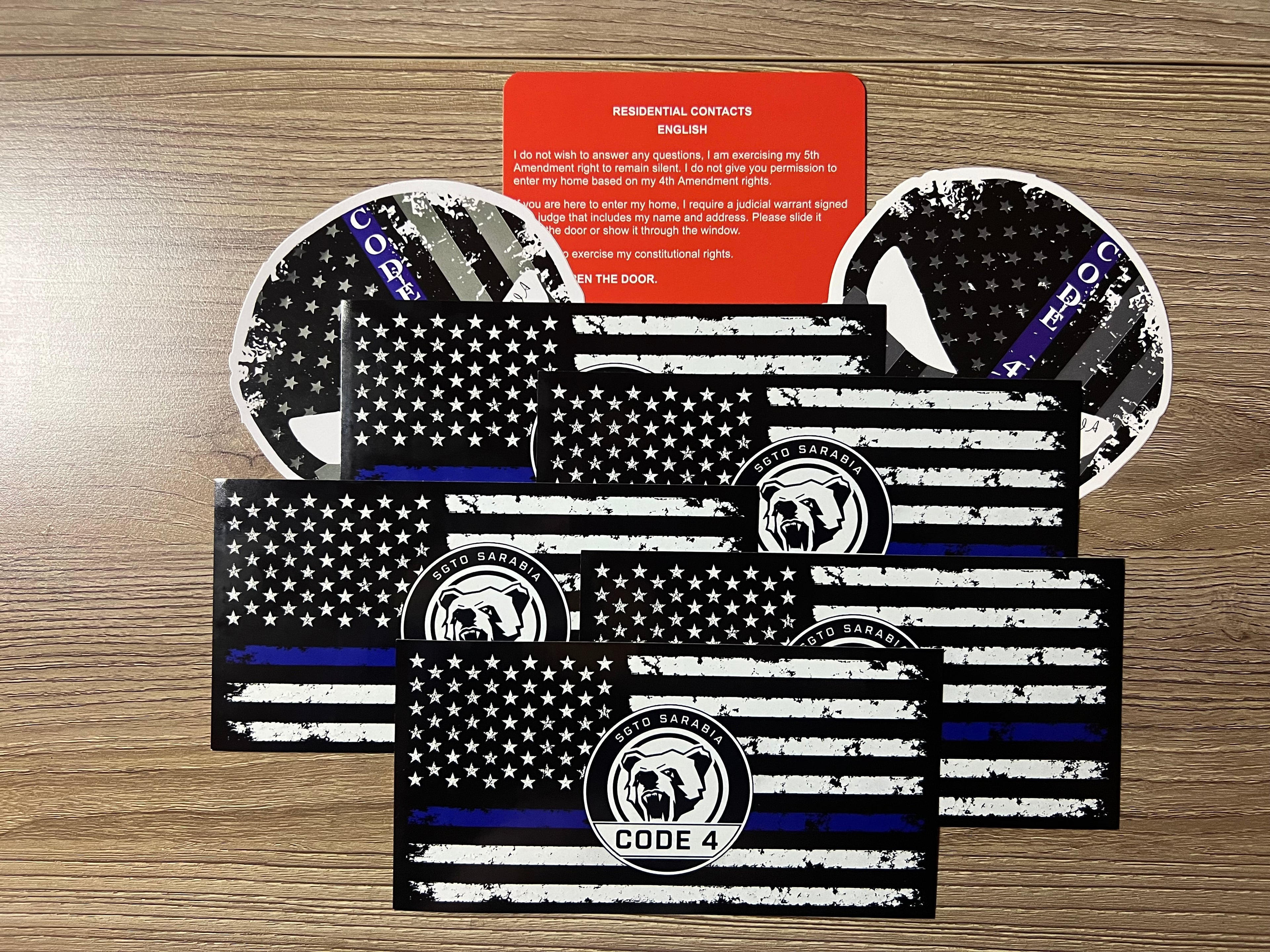 SGTO SARABIA Thin Blue Line Code 4 Decal Bundle – 5 Flag Stickers, 2 Skull Decals & Free Bilingual Red Card