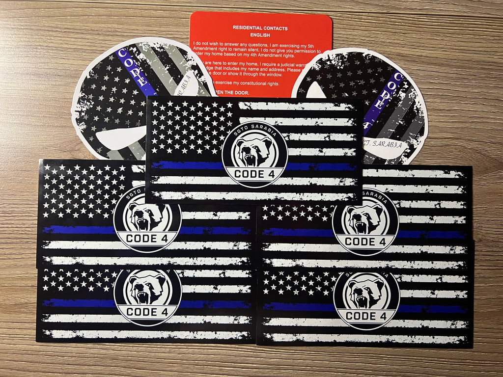 SGTO SARABIA Thin Blue Line Code 4 Decal Bundle – 5 Flag Stickers, 2 Skull Decals & Free Bilingual Red Card