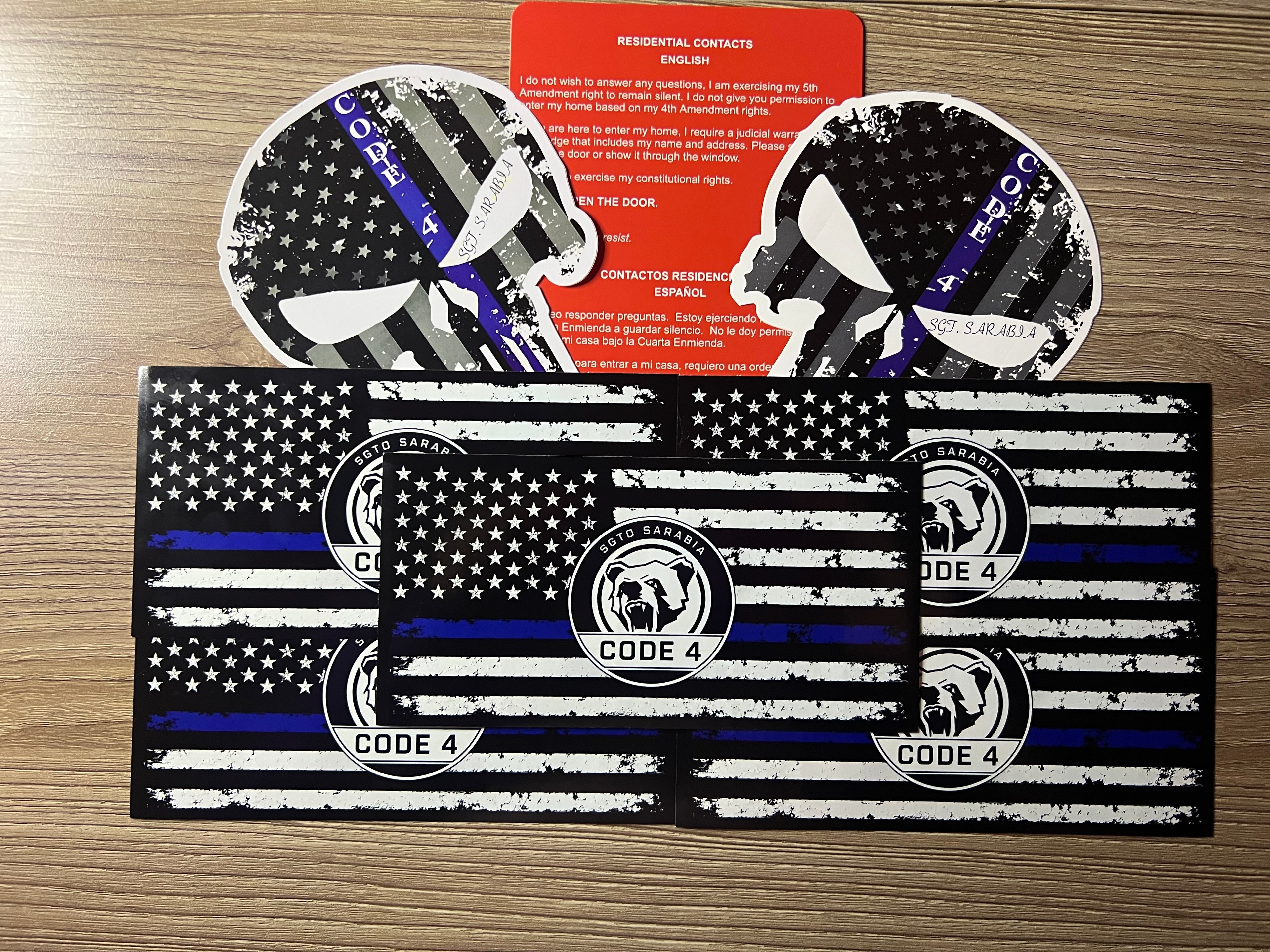 SGTO SARABIA Thin Blue Line Code 4 Decal Bundle – 5 Flag Stickers, 2 Skull Decals & Free Bilingual Red Card