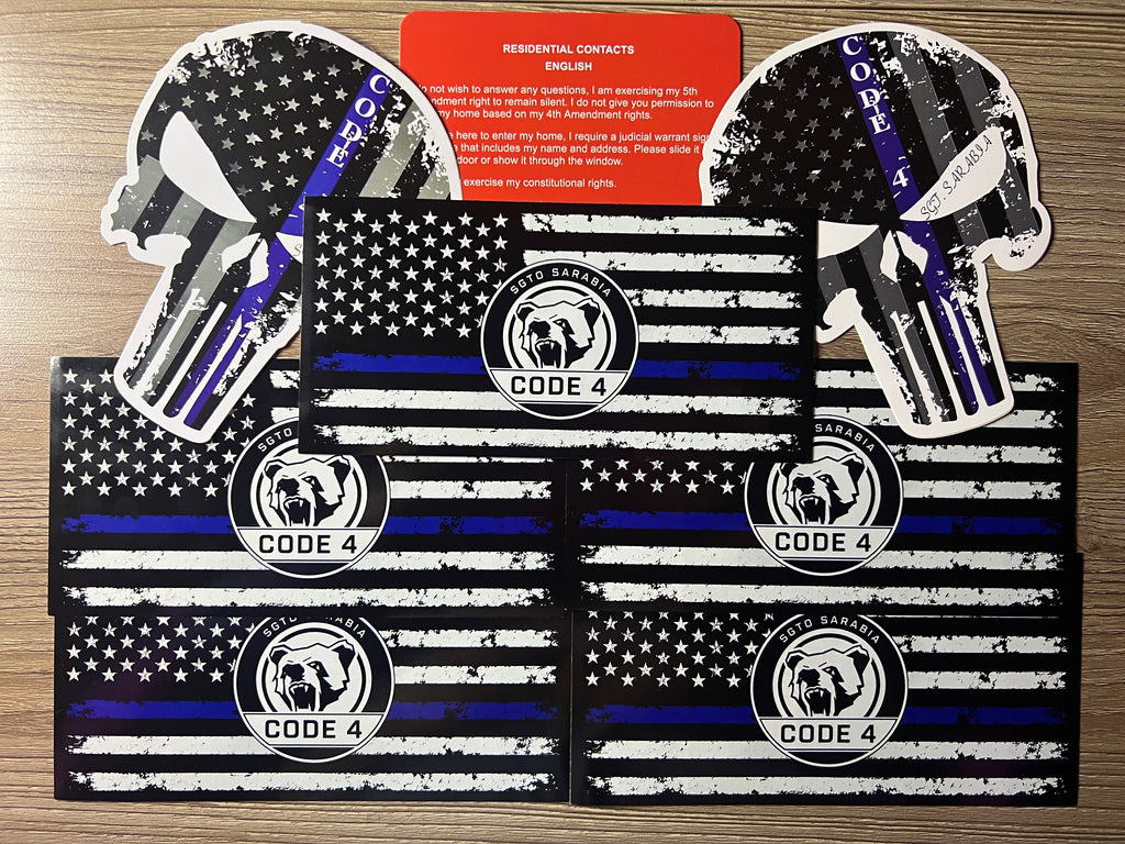 SGTO SARABIA Thin Blue Line Code 4 Decal Bundle – 5 Flag Stickers, 2 Skull Decals & Free Bilingual Red Card