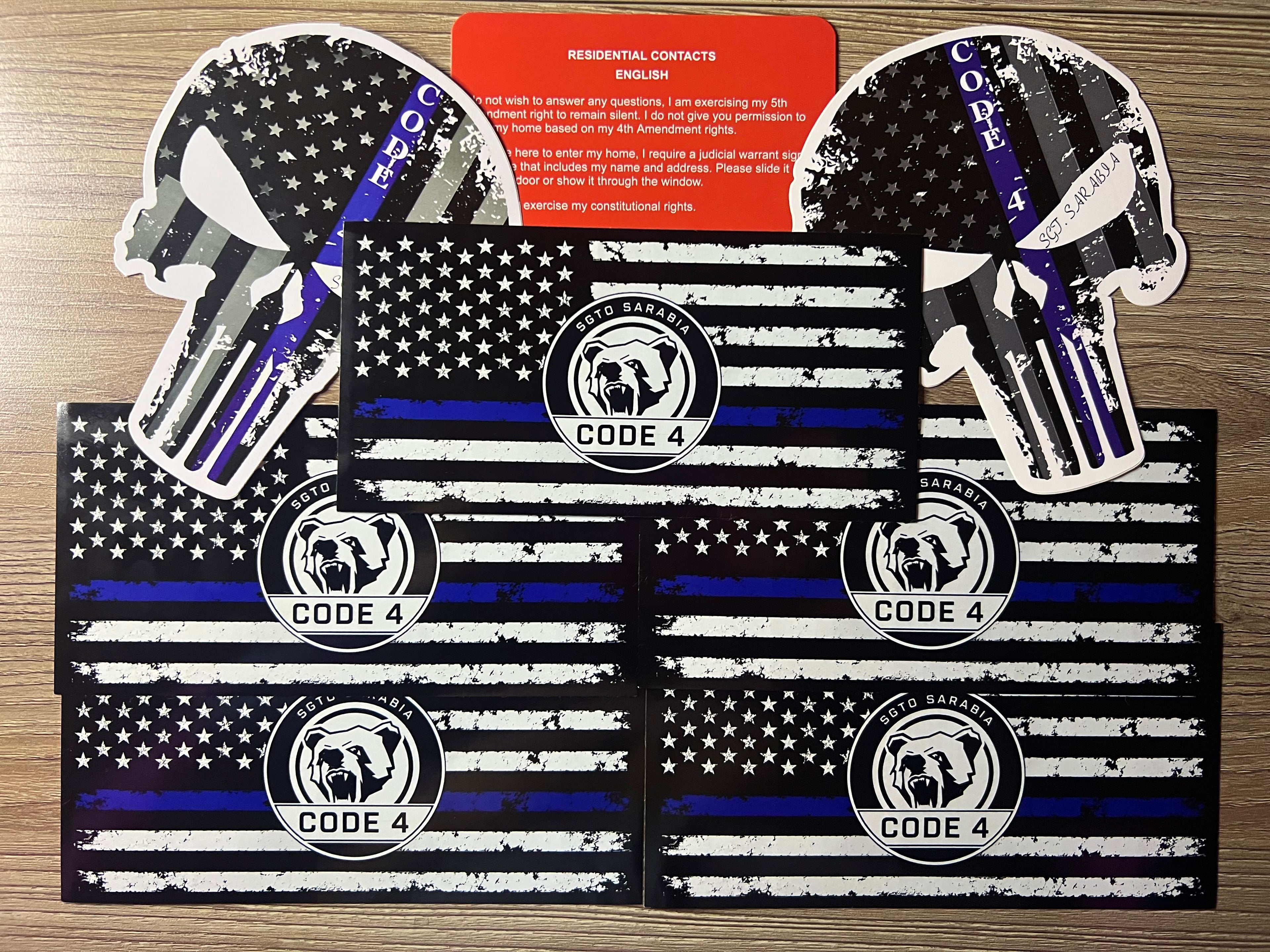 SGTO SARABIA Thin Blue Line Code 4 Decal Bundle – 5 Flag Stickers, 2 Skull Decals & Free Bilingual Red Card