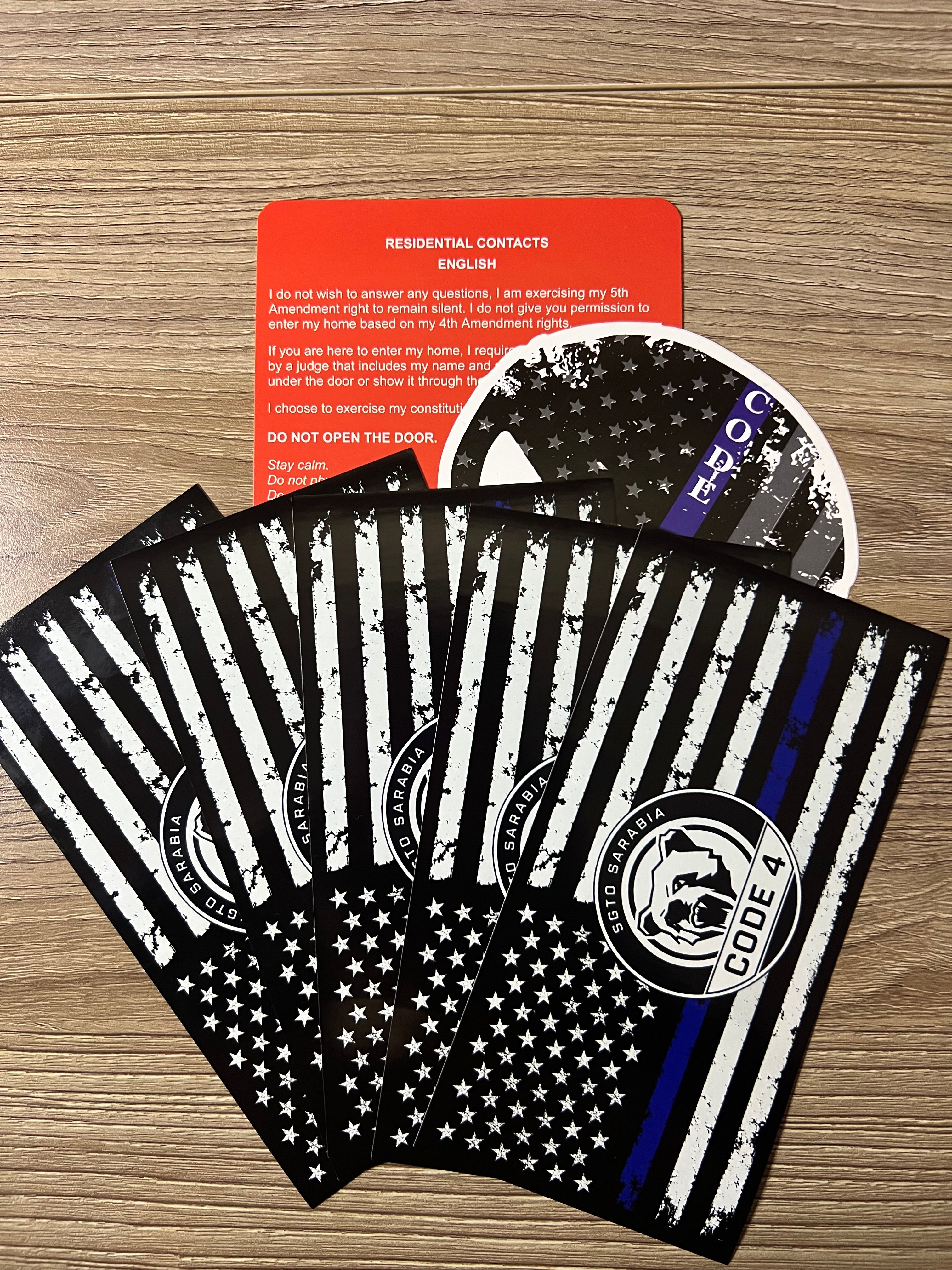 SGTO SARABIA Thin Blue Line Code 4 Decal Bundle – Waterproof Vinyl Flag Stickers with Skull Decal & Free Bilingual Red Card