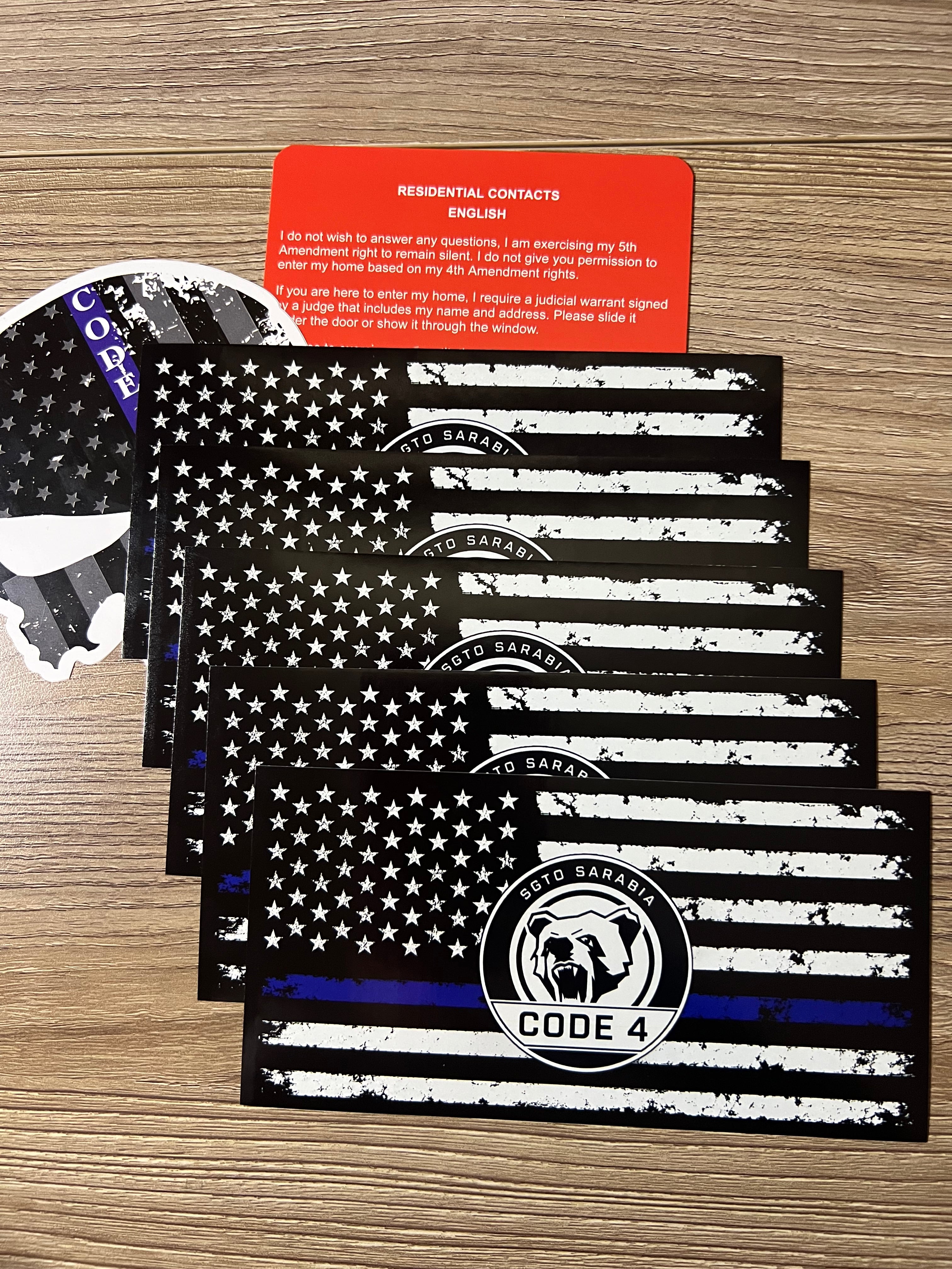 SGTO SARABIA Thin Blue Line Code 4 Decal Bundle – Waterproof Vinyl Flag Stickers with Skull Decal & Free Bilingual Red Card
