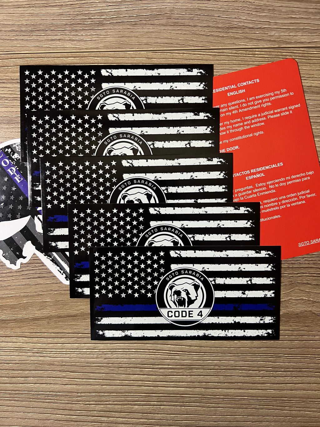 SGTO SARABIA Thin Blue Line Code 4 Decal Bundle – Waterproof Vinyl Flag Stickers with Skull Decal & Free Bilingual Red Card