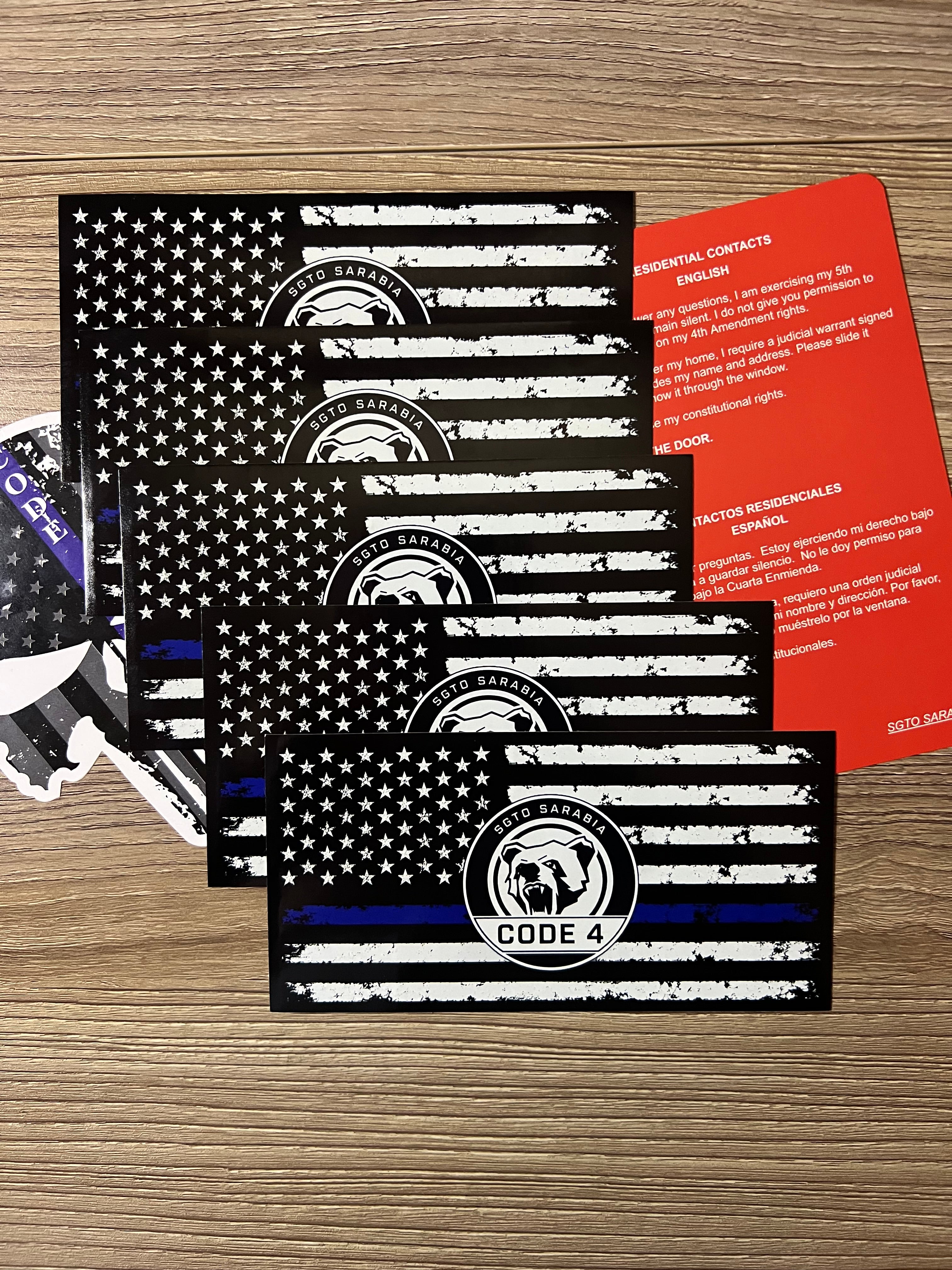 SGTO SARABIA Thin Blue Line Code 4 Decal Bundle – Waterproof Vinyl Flag Stickers with Skull Decal & Free Bilingual Red Card