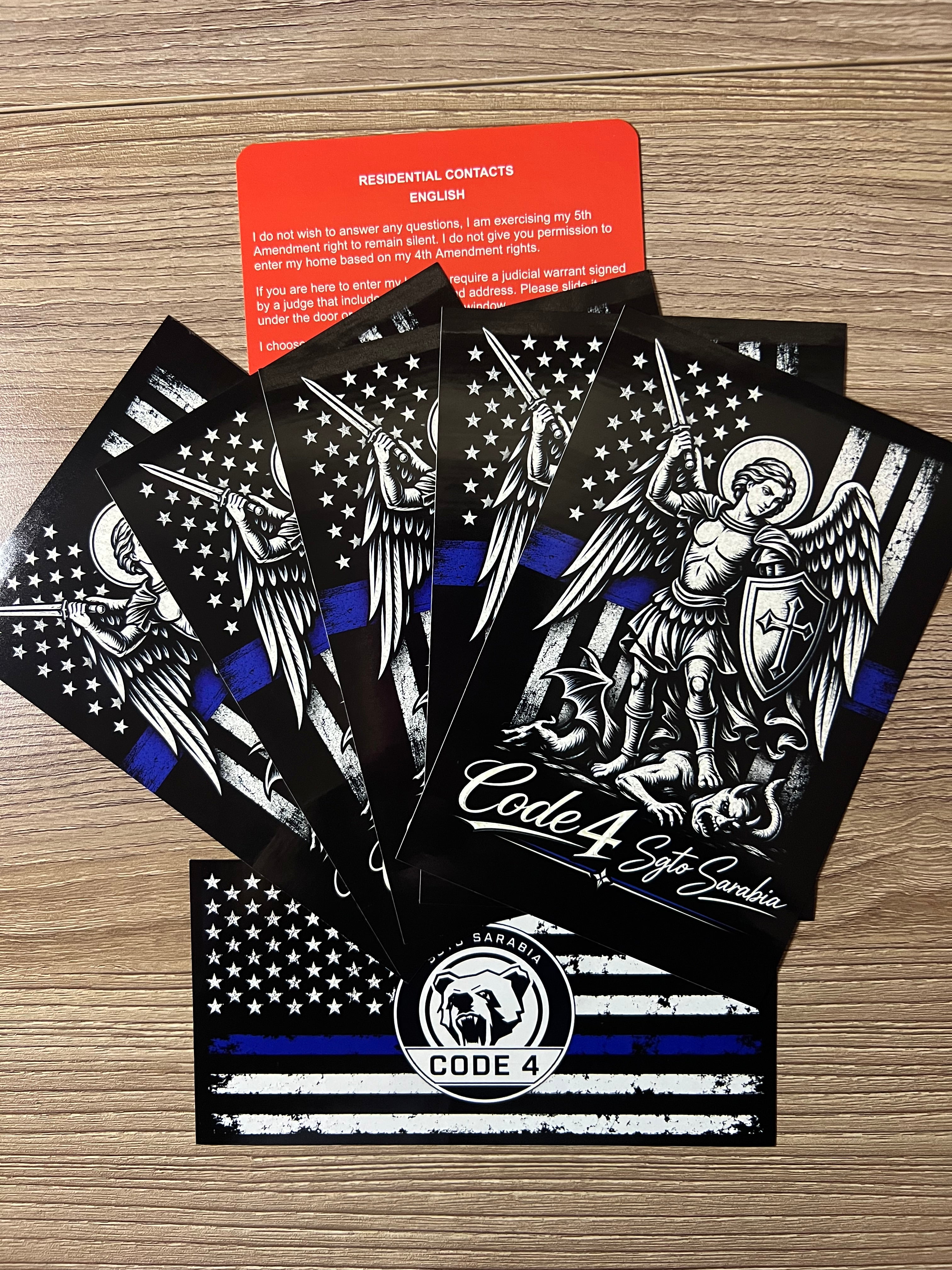 SGTO SARABIA St. Michael Archangel Code 4 Decal Bundle – Waterproof Vinyl Decals with Thin Blue Line Flag & Free Bilingual Red Card