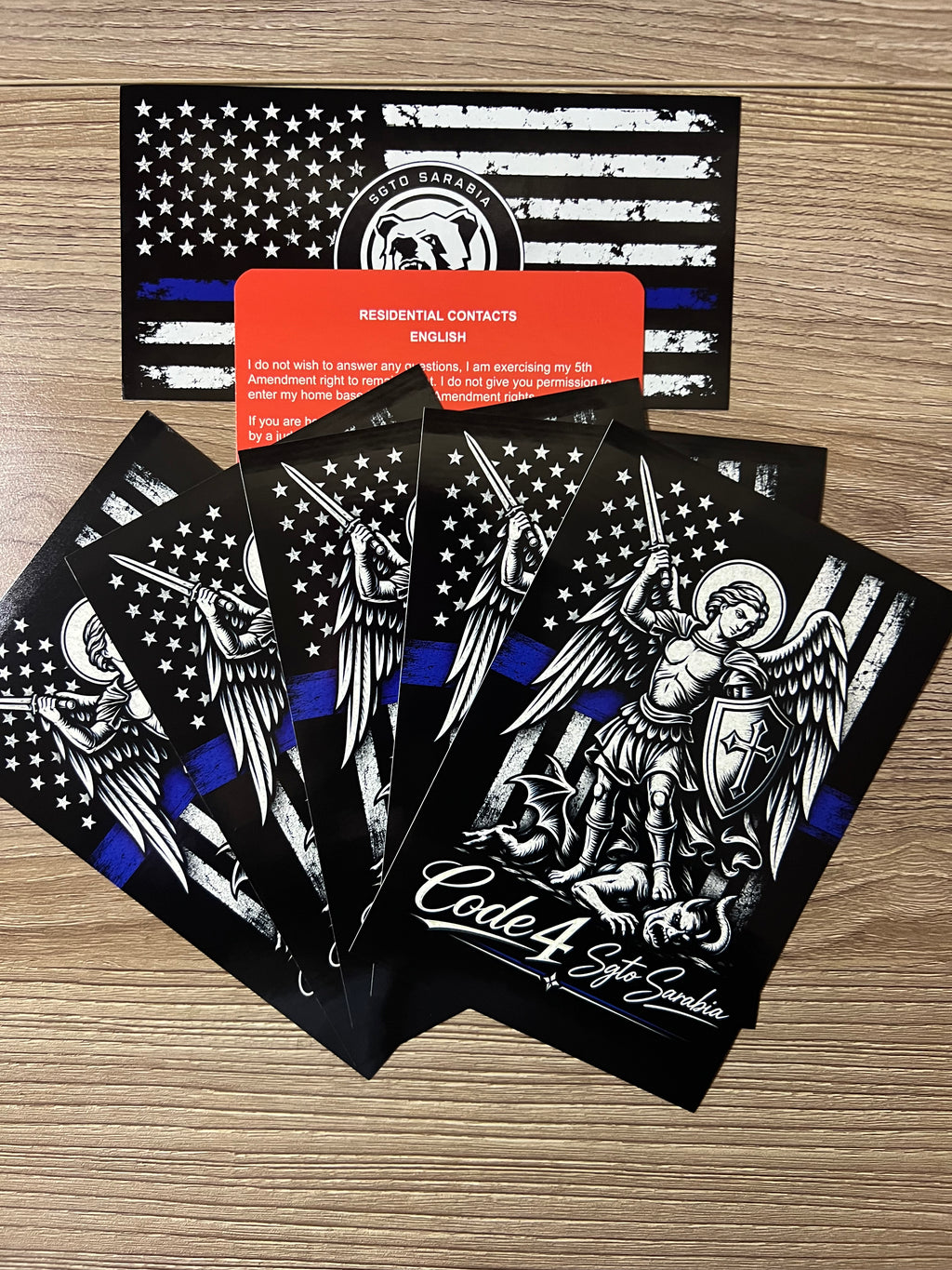 SGTO SARABIA St. Michael Archangel Code 4 Decal Bundle – Waterproof Vinyl Decals with Thin Blue Line Flag & Free Bilingual Red Card
