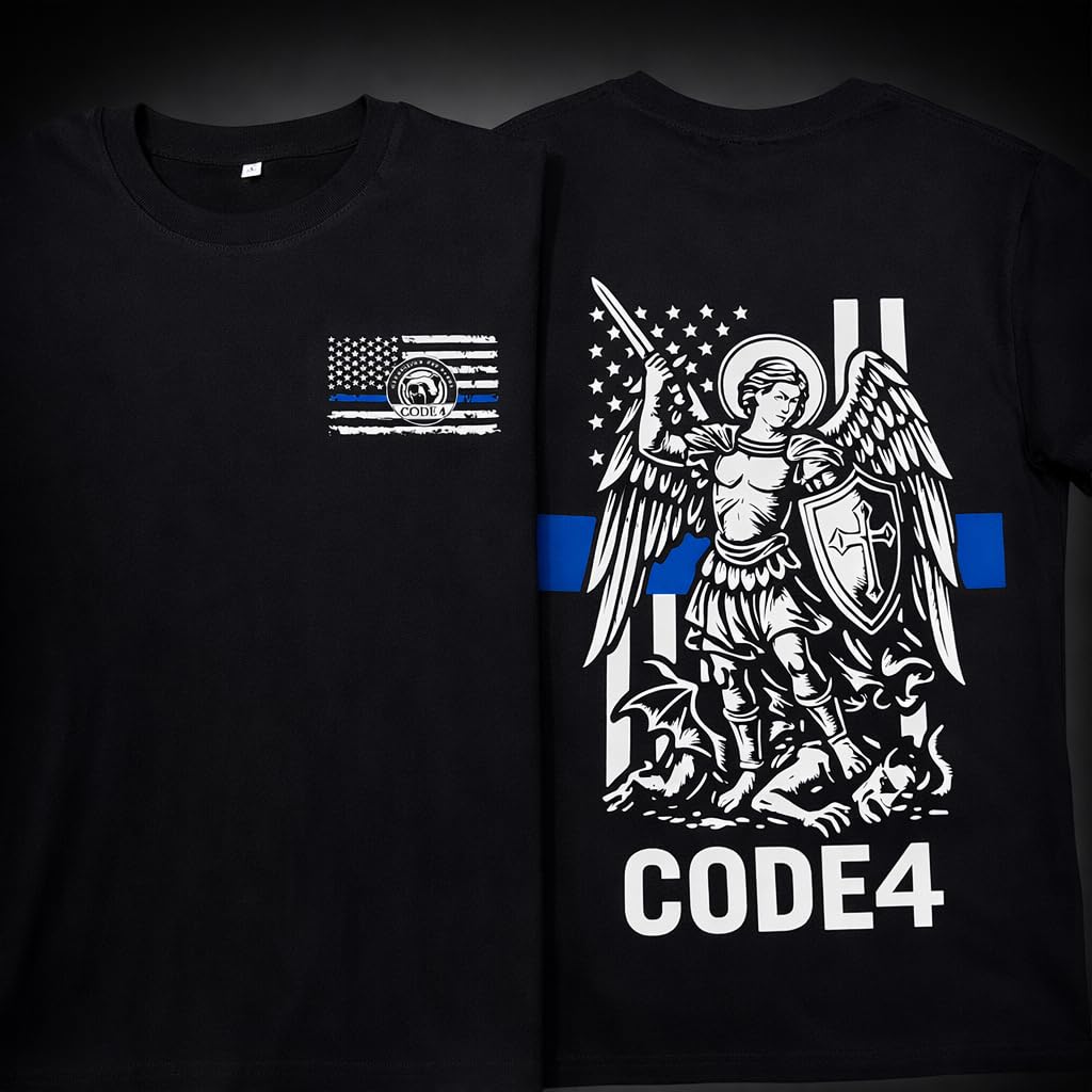 Code 4 St. Michael Archangel Thin Blue Line T-Shirt – Law Enforcement Support Tee, 180 GSM Combed Cotton, Unisex Fit