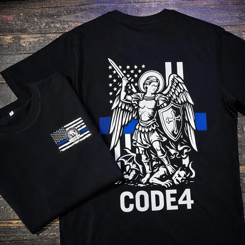 Code 4 St. Michael Archangel Thin Blue Line T-Shirt – Law Enforcement Support Tee, 180 GSM Combed Cotton, Unisex Fit