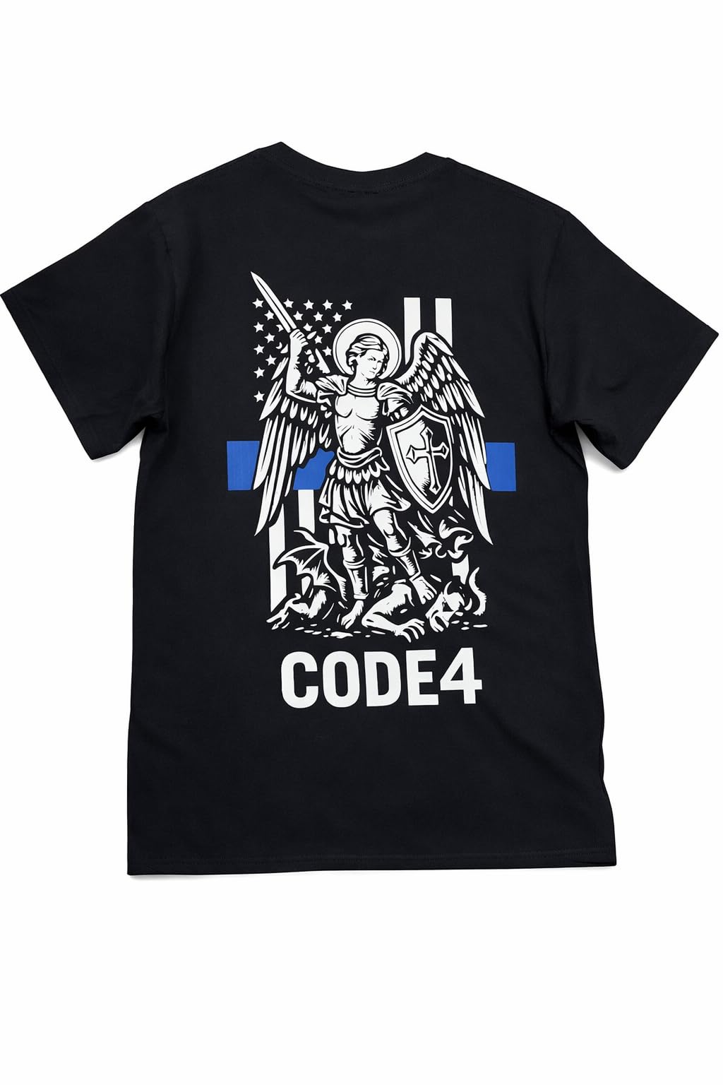 Code 4 St. Michael Archangel Thin Blue Line T-Shirt – Law Enforcement Support Tee, 180 GSM Combed Cotton, Unisex Fit