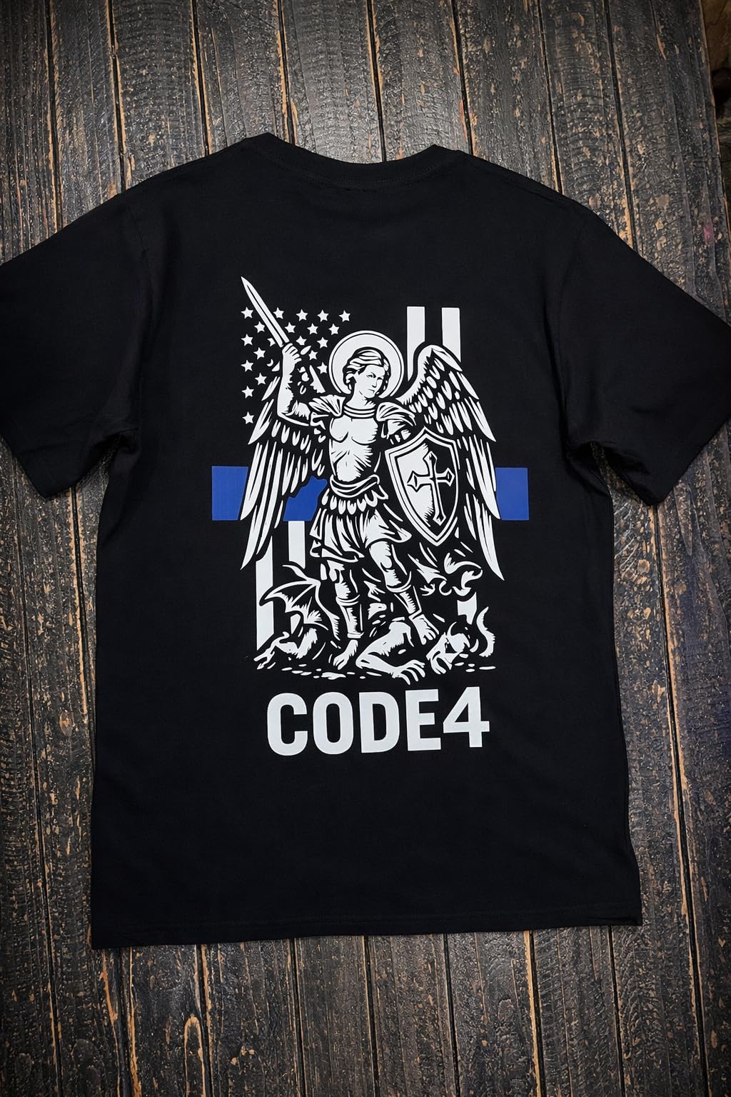 Code 4 St. Michael Archangel Thin Blue Line T-Shirt – Law Enforcement Support Tee, 180 GSM Combed Cotton, Unisex Fit