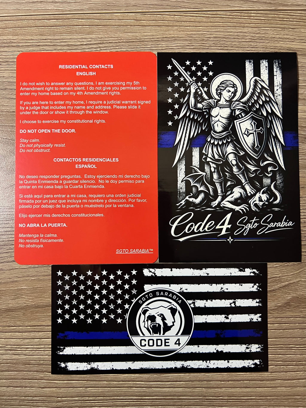 SGTO SARABIA St. Michael Archangel Code 4 Decal Bundle – Waterproof Vinyl Decals with Thin Blue Line Flag & Free Bilingual Red Card