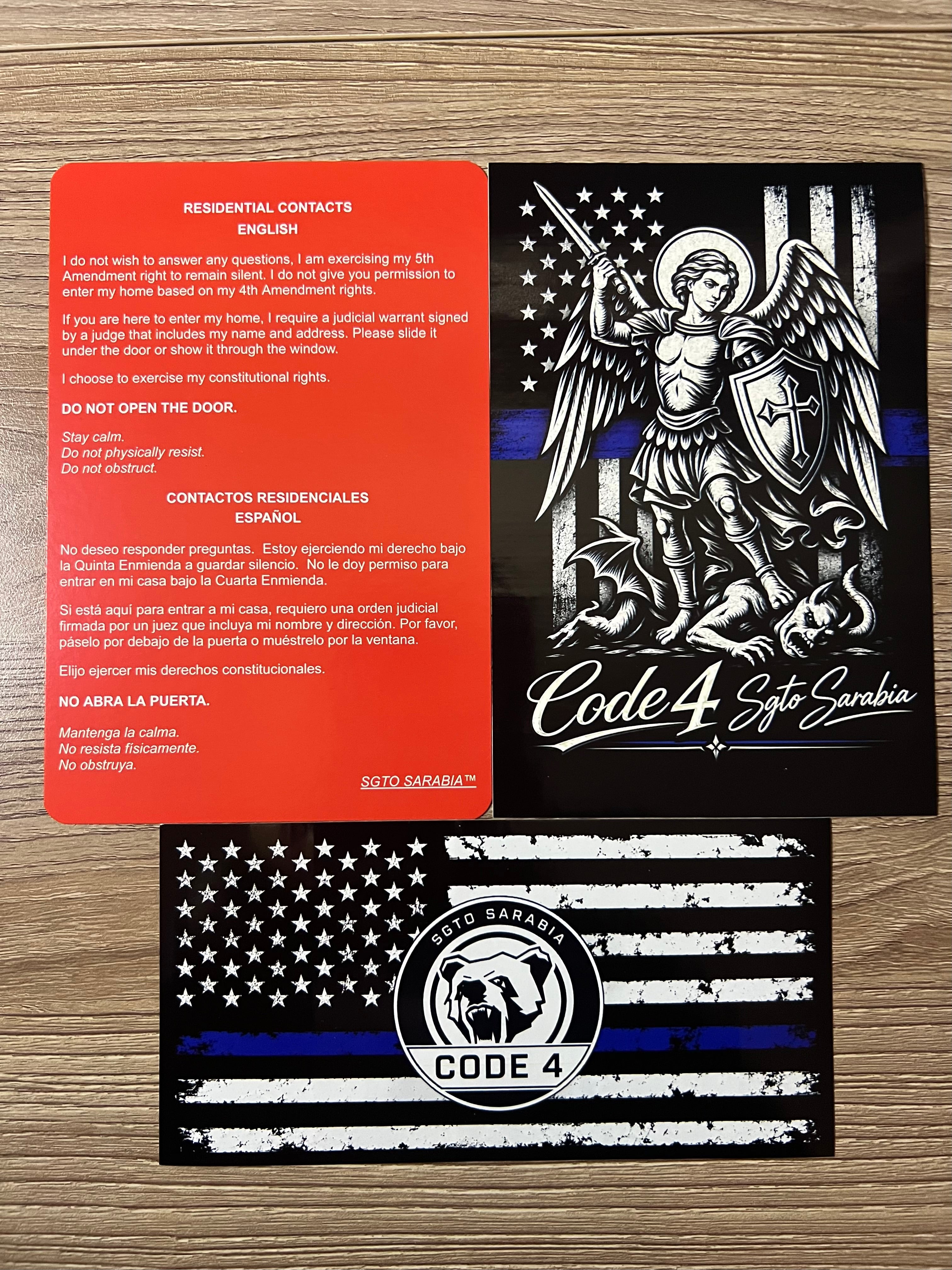 SGTO SARABIA St. Michael Archangel Code 4 Decal Bundle – Waterproof Vinyl Decals with Thin Blue Line Flag & Free Bilingual Red Card