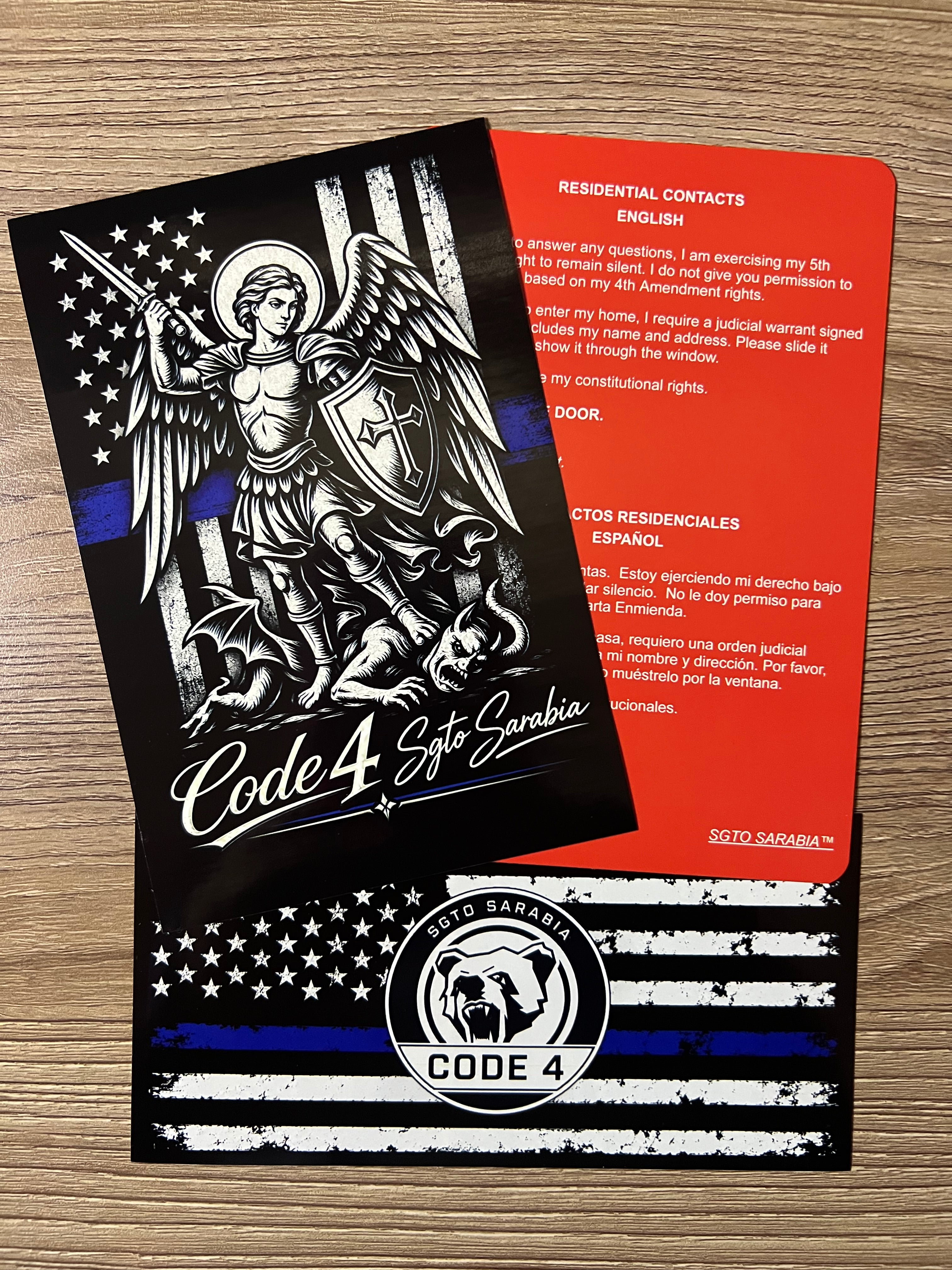 SGTO SARABIA St. Michael Archangel Code 4 Decal Bundle – Waterproof Vinyl Decals with Thin Blue Line Flag & Free Bilingual Red Card