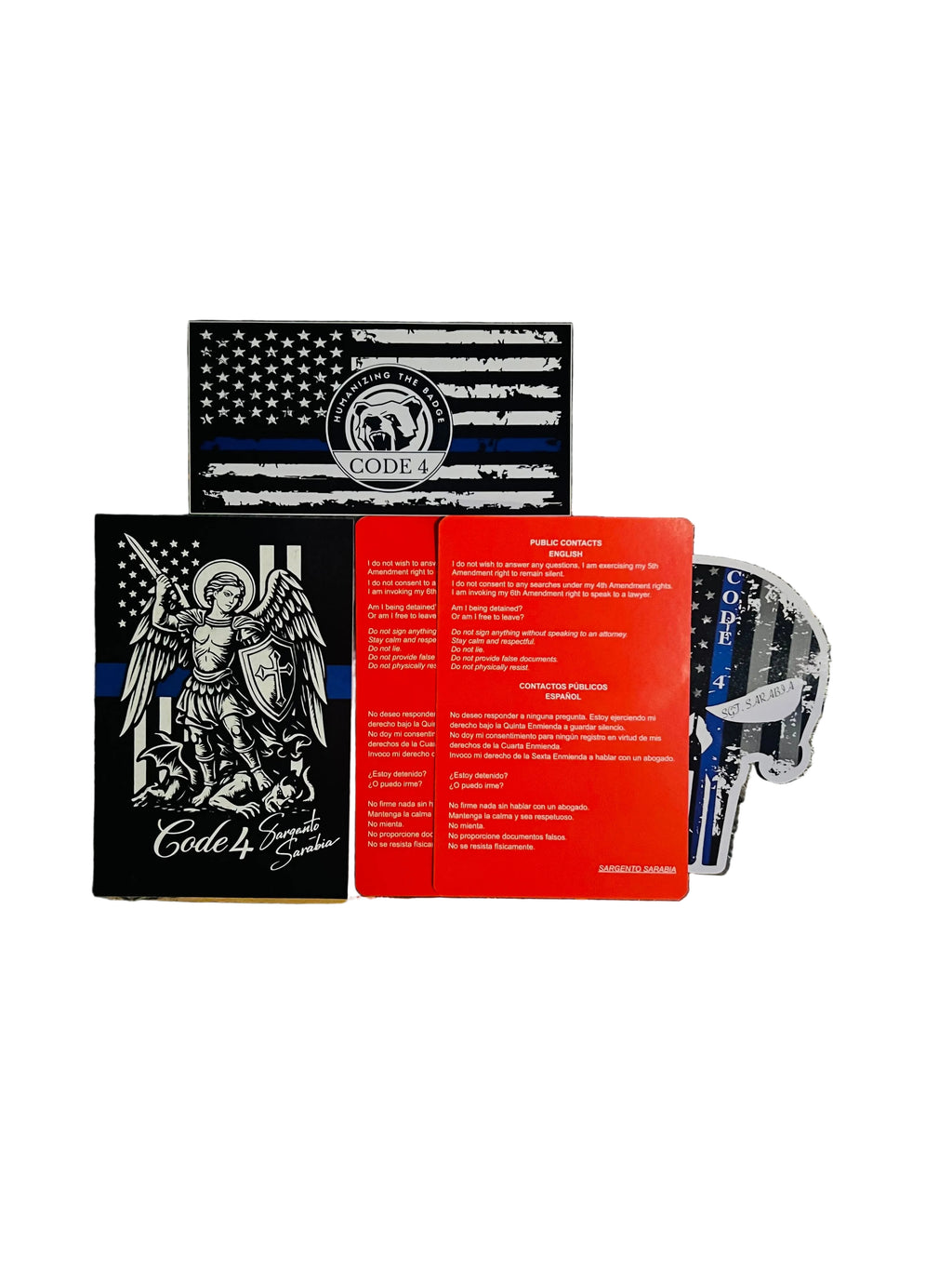 SGTO SARABIA Code 4 Protection Bundle – Thin Blue Line Flag, St. Michael Archangel, Skull Decal & 2 Bilingual Red Cards
