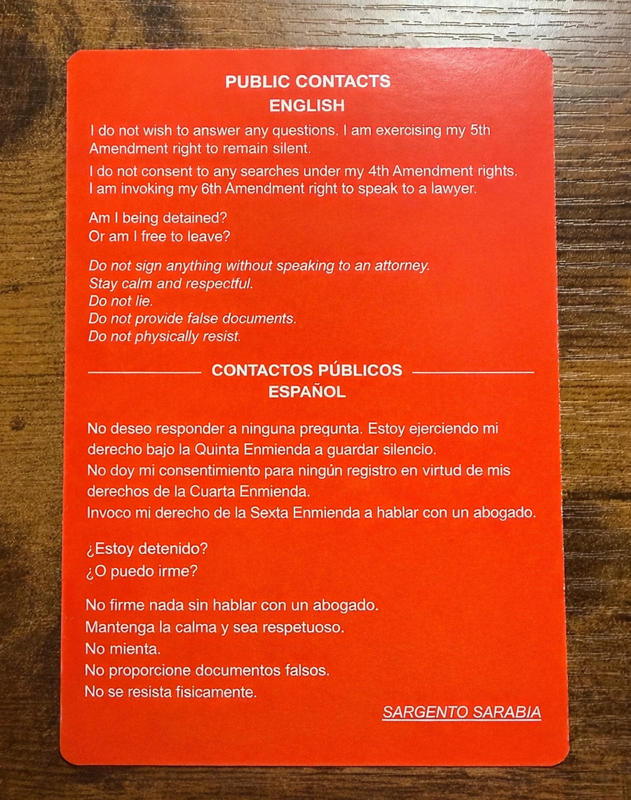 SGTO SARABIA Bilingual Red Card Constitutional Rights Card English Spanish
