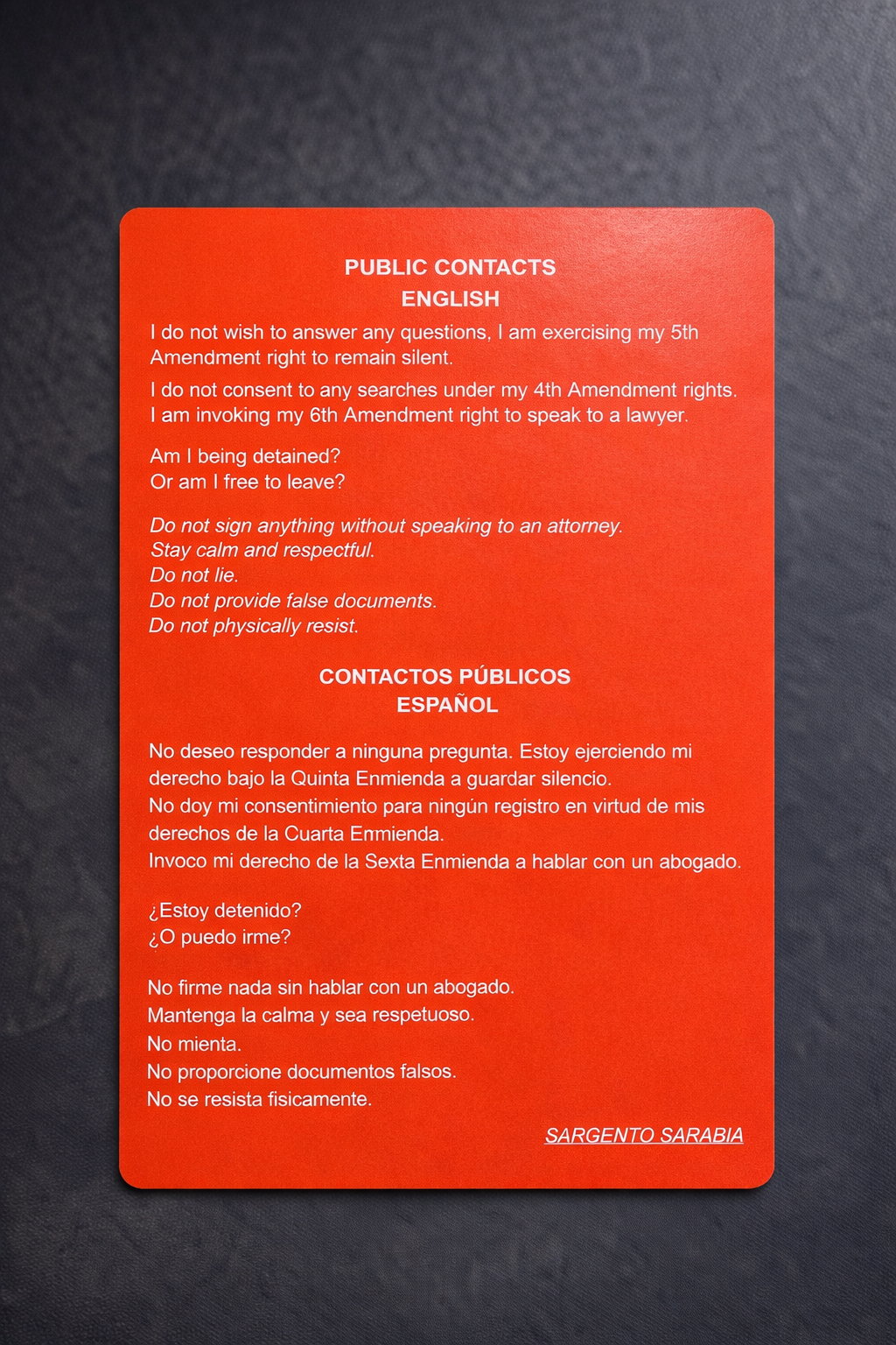 SGTO SARABIA Bilingual Red Card Constitutional Rights Card English Spanish