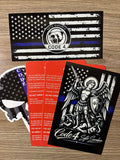 SGTO SARABIA Code 4 Protection Bundle – Thin Blue Line Flag, St. Michael Archangel, Skull Decal & 2 Bilingual Red Cards