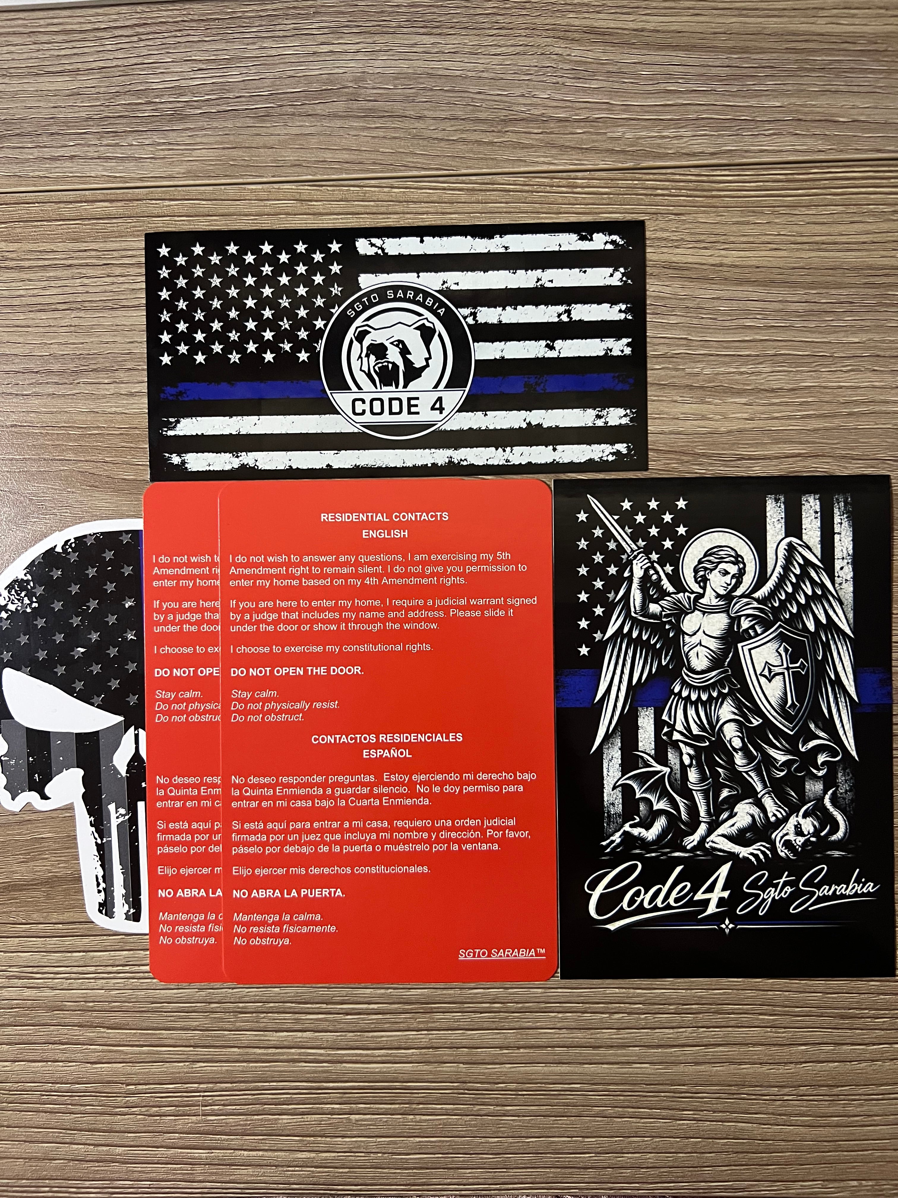 SGTO SARABIA Code 4 Protection Bundle – Thin Blue Line Flag, St. Michael Archangel, Skull Decal & 2 Bilingual Red Cards