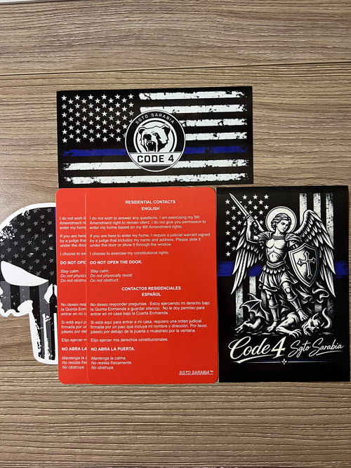 SGTO SARABIA Code 4 Protection Bundle – Thin Blue Line Flag, St. Michael Archangel, Skull Decal & 2 Bilingual Red Cards