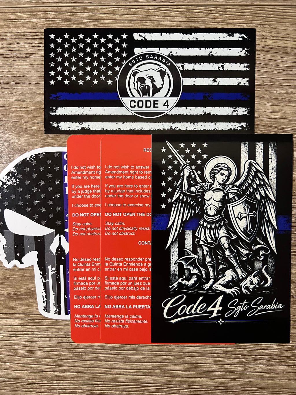 SGTO SARABIA Code 4 Protection Bundle – Thin Blue Line Flag, St. Michael Archangel, Skull Decal & 2 Bilingual Red Cards