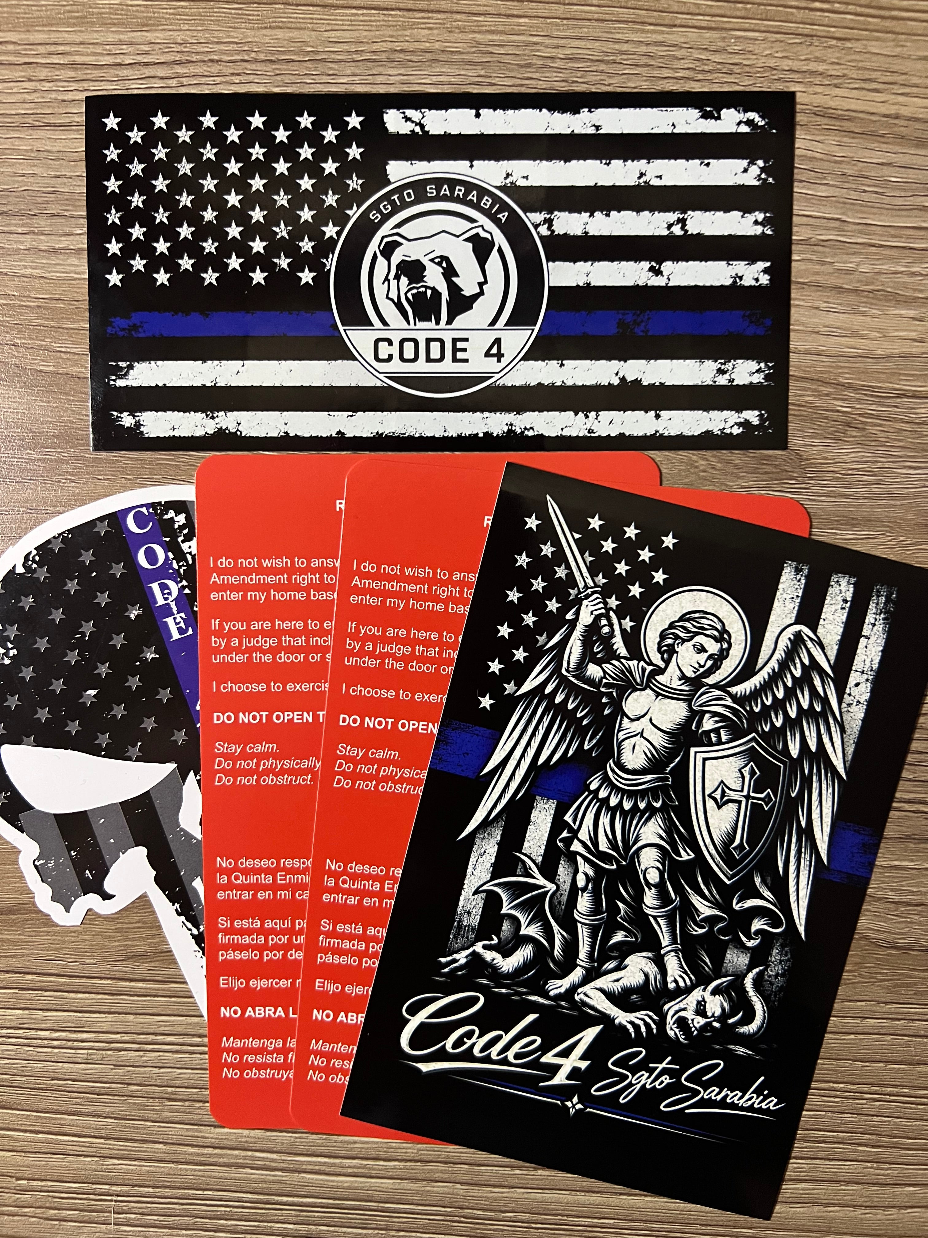 SGTO SARABIA Code 4 Protection Bundle – Thin Blue Line Flag, St. Michael Archangel, Skull Decal & 2 Bilingual Red Cards