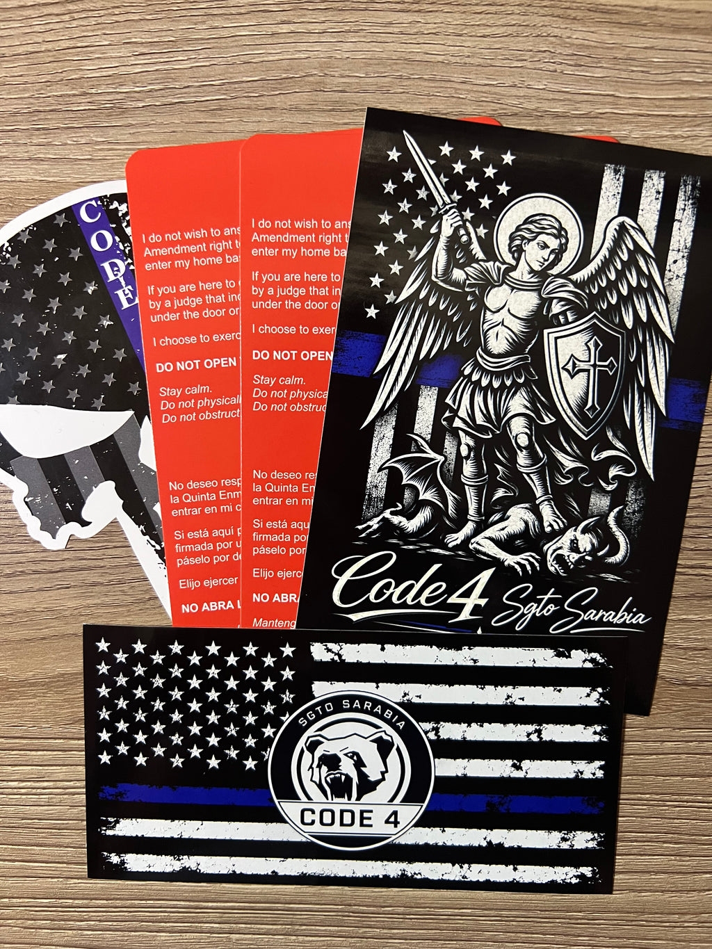 SGTO SARABIA Code 4 Protection Bundle – Thin Blue Line Flag, St. Michael Archangel, Skull Decal & 2 Bilingual Red Cards
