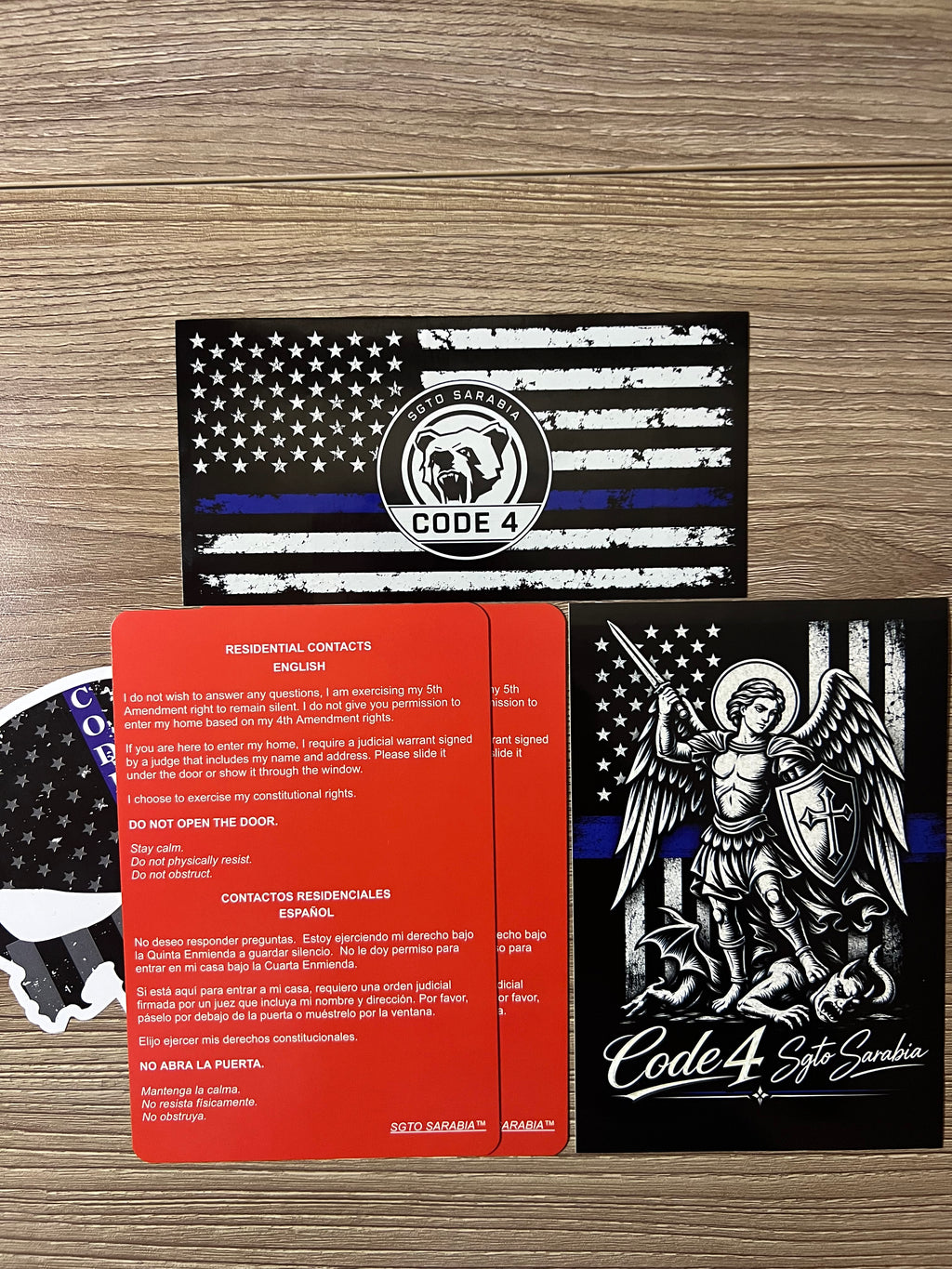 SGTO SARABIA Code 4 Protection Bundle – Thin Blue Line Flag, St. Michael Archangel, Skull Decal & 2 Bilingual Red Cards