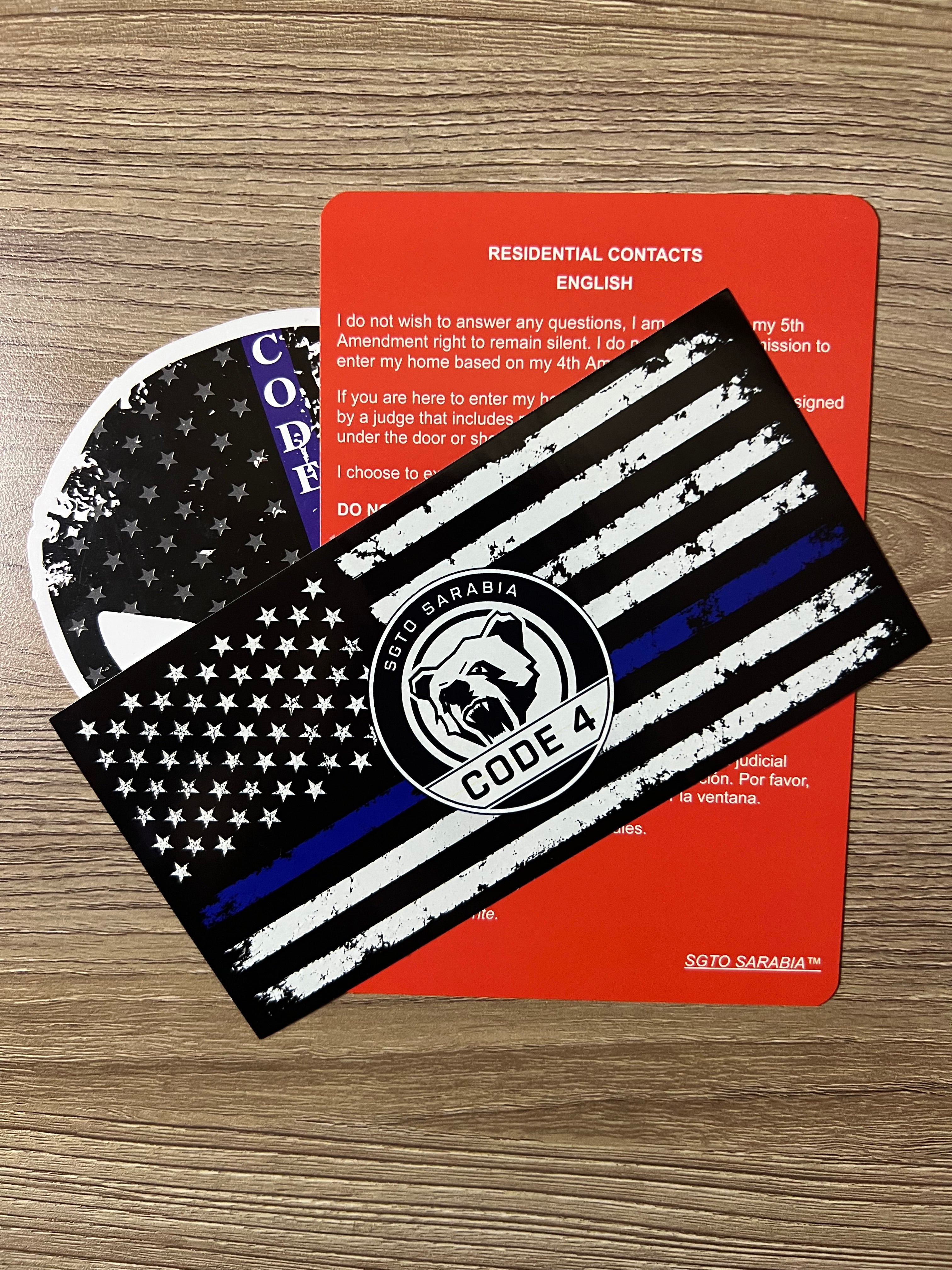 SGTO SARABIA Thin Blue Line Code 4 Decal Bundle – Waterproof Vinyl Flag Stickers with Skull Decal & Free Bilingual Red Card