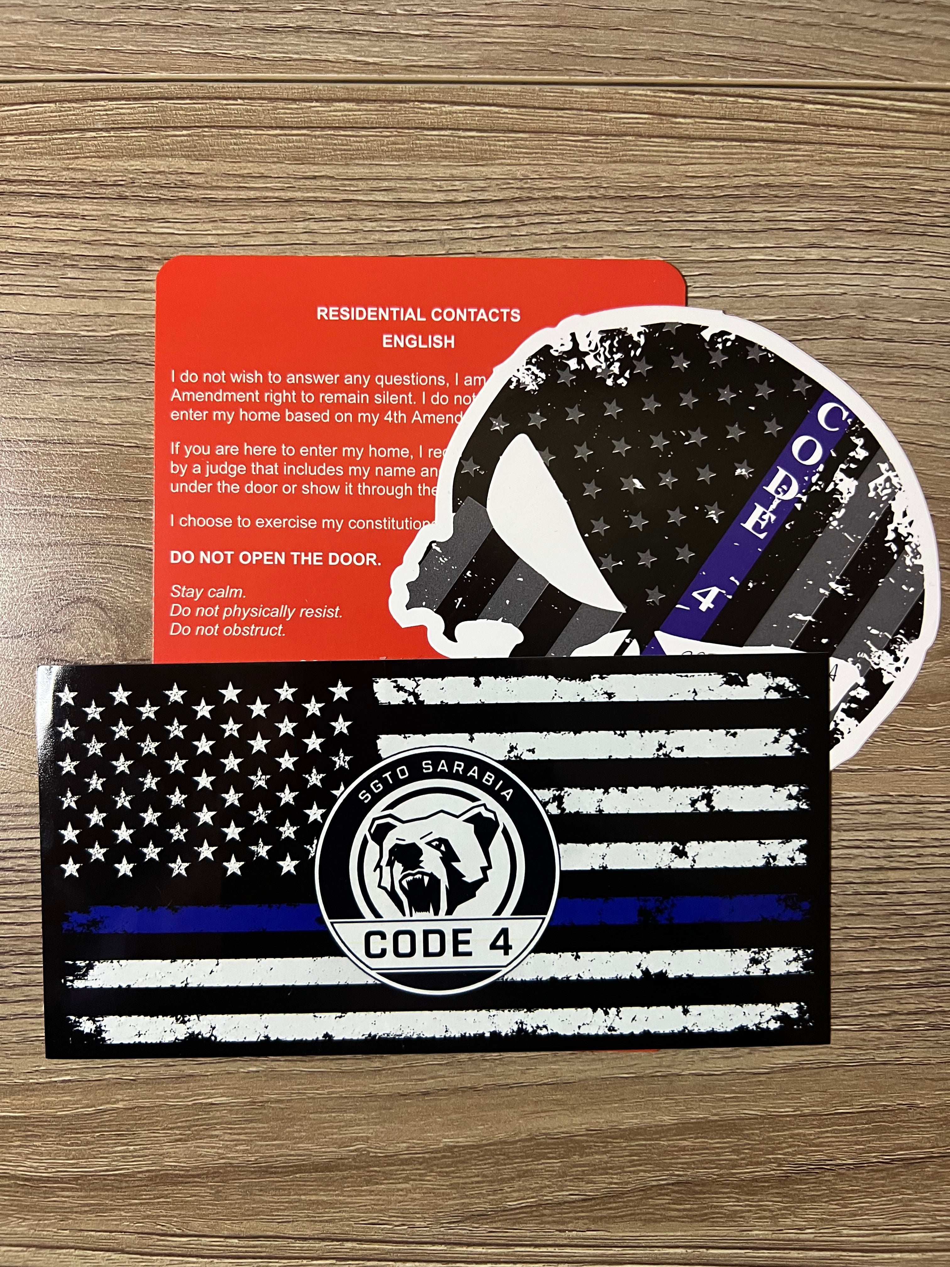 SGTO SARABIA Thin Blue Line Code 4 Decal Bundle – Waterproof Vinyl Flag Stickers with Skull Decal & Free Bilingual Red Card
