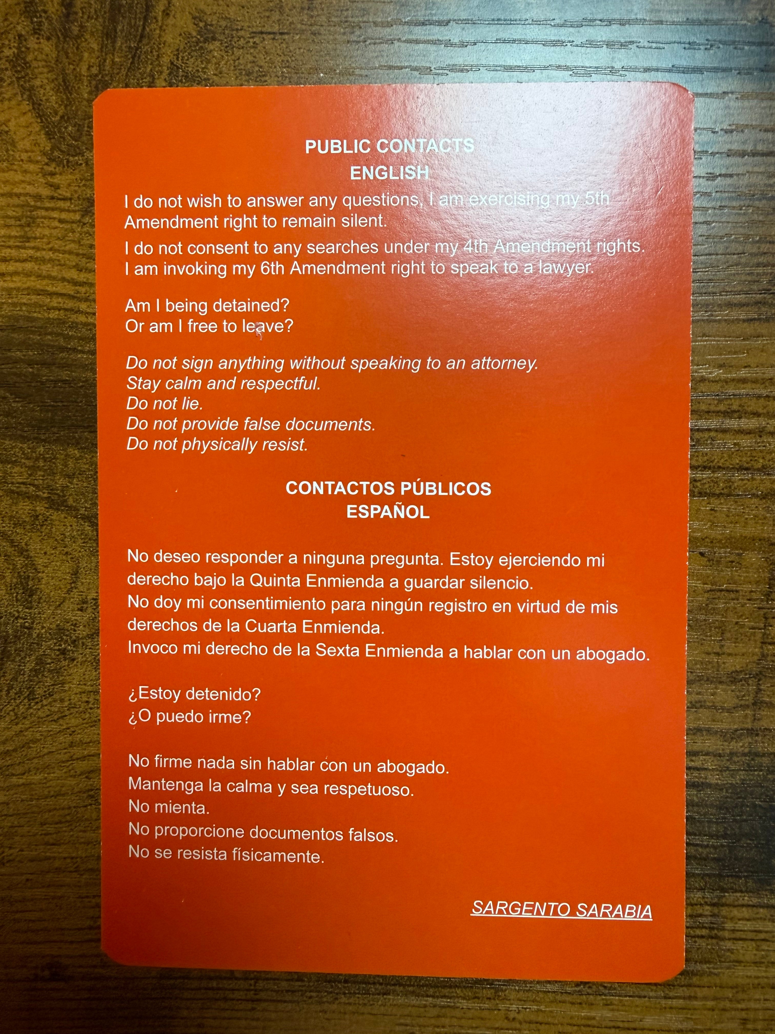 SGTO SARABIA Bilingual Red Card Constitutional Rights Card English Spanish