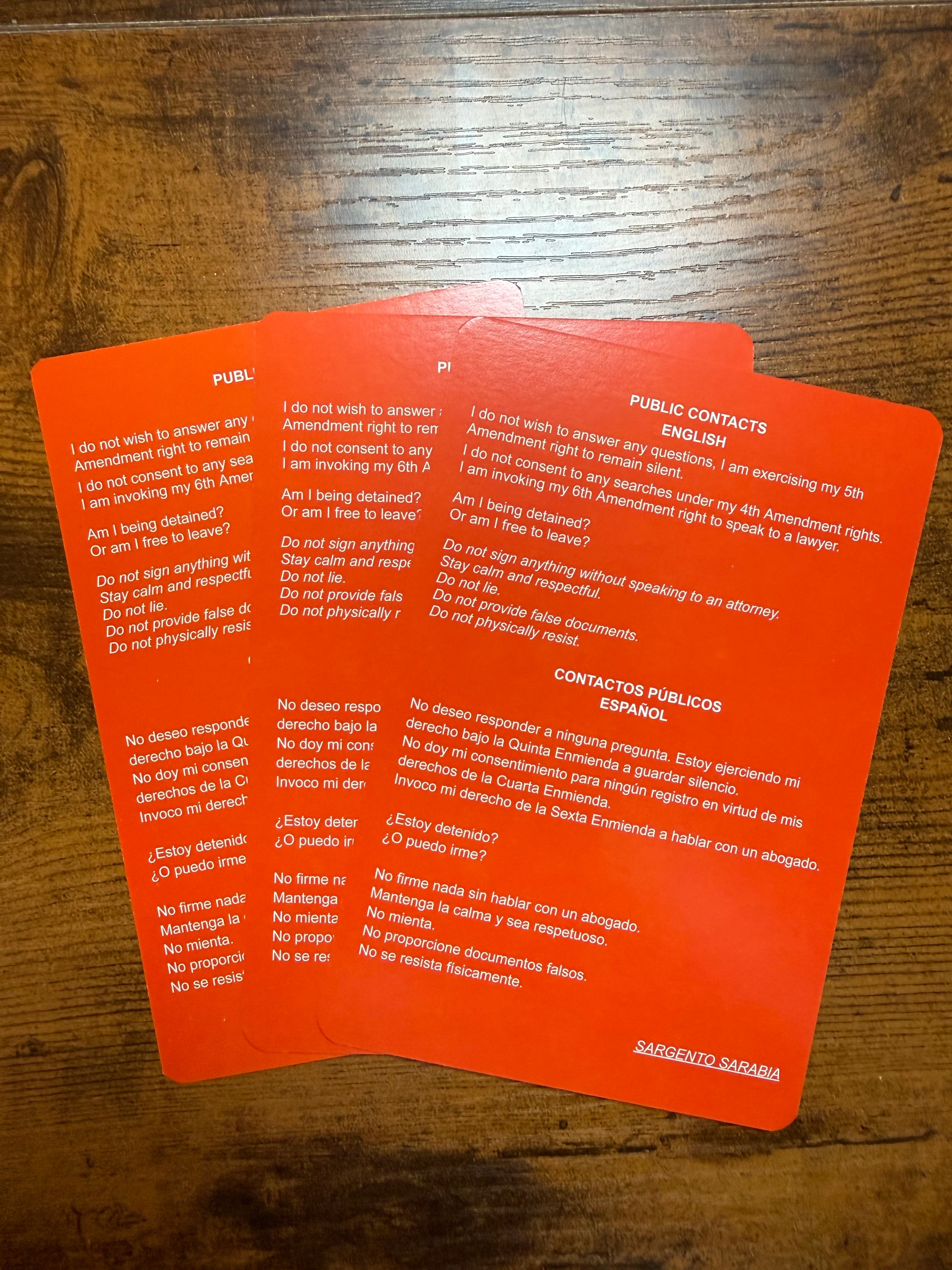 SGTO SARABIA Bilingual Red Card Constitutional Rights Card English Spanish