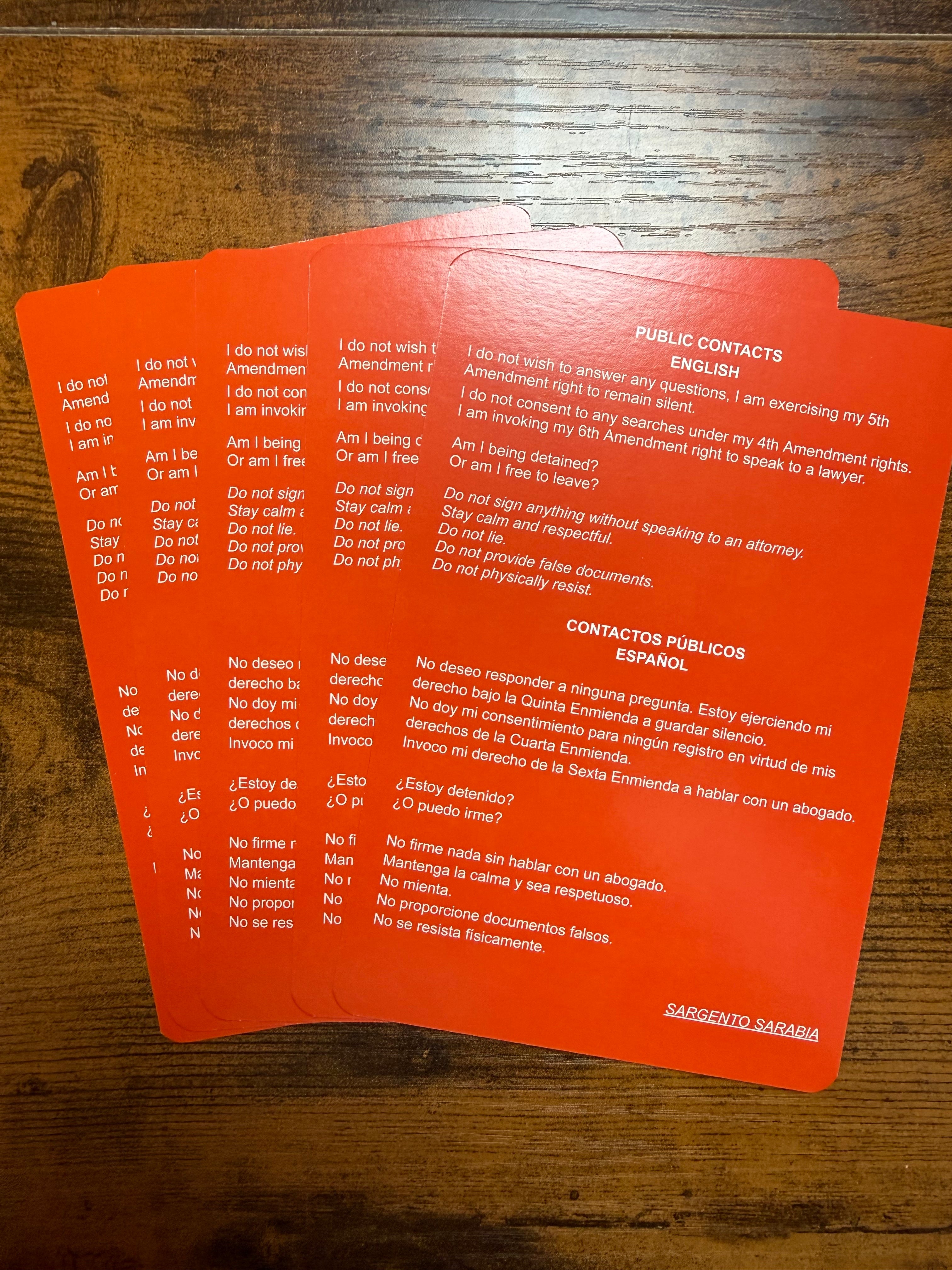SGTO SARABIA Bilingual Red Card Constitutional Rights Card English Spanish