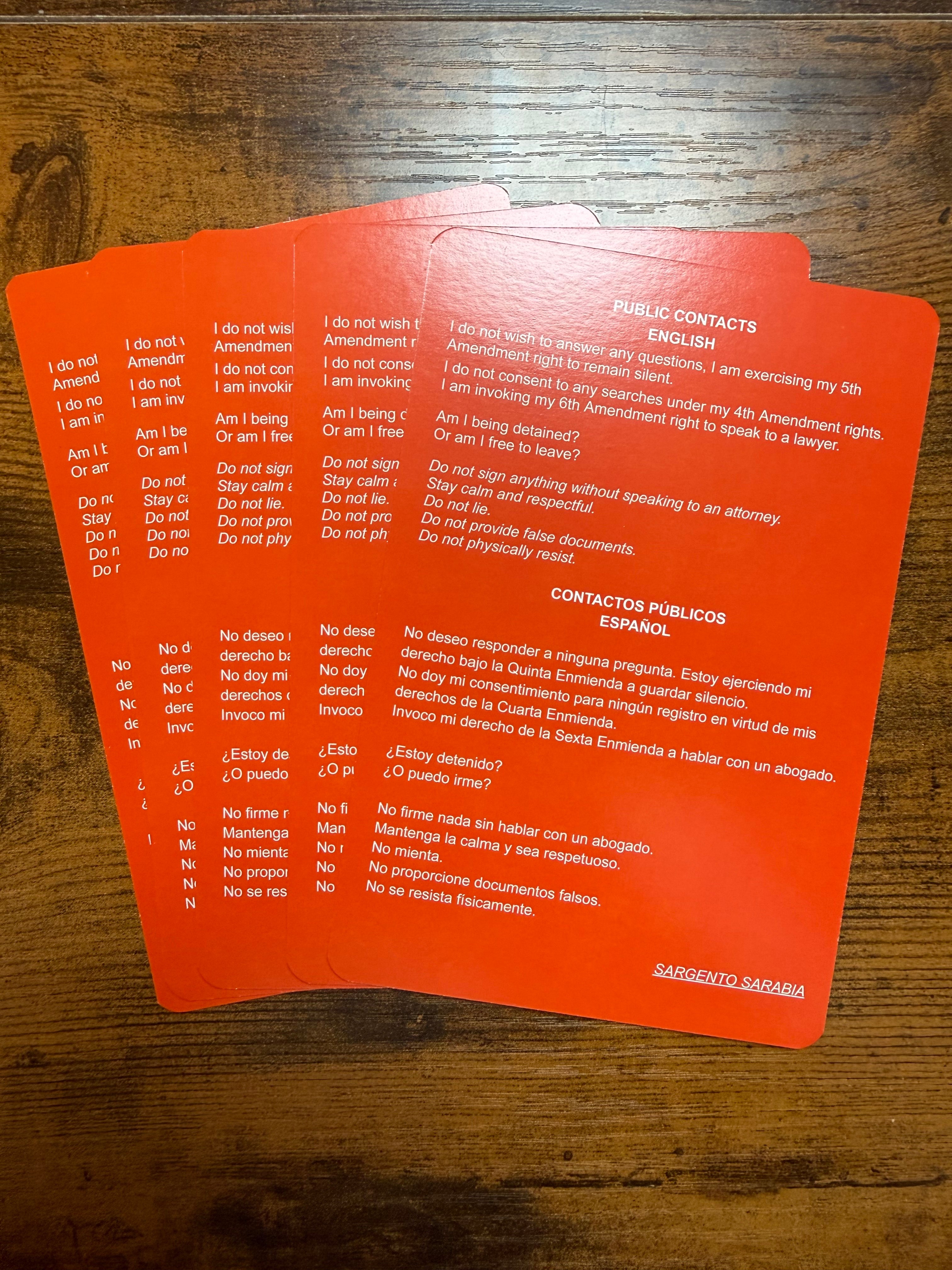 SGTO SARABIA Bilingual Red Card Constitutional Rights Card English Spanish
