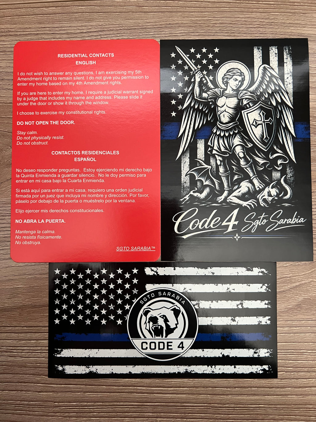 SGTO SARABIA St. Michael Archangel Code 4 Decal Bundle – Waterproof Vinyl Decals with Thin Blue Line Flag & Free Bilingual Red Card