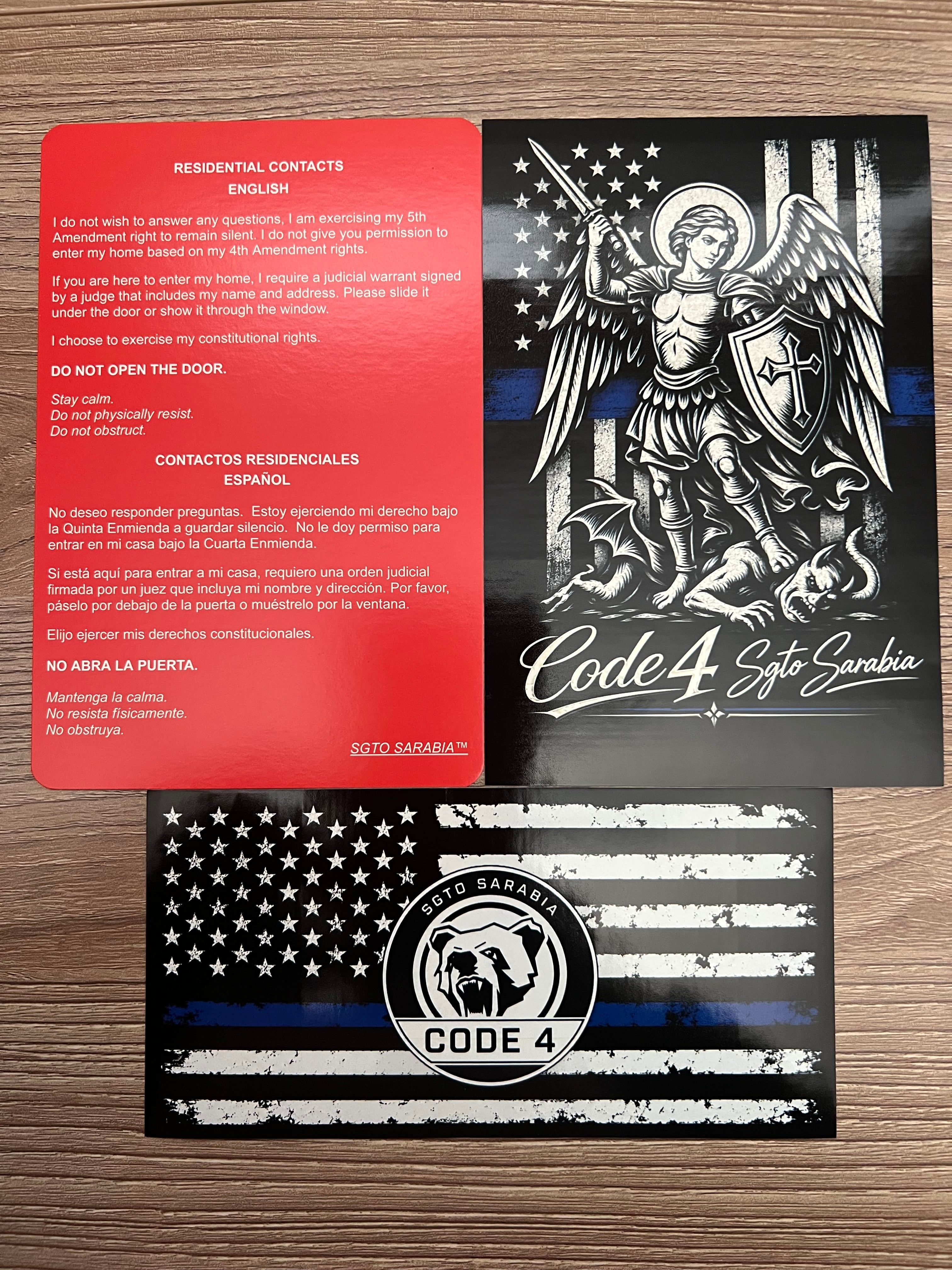 SGTO SARABIA St. Michael Archangel Code 4 Decal Bundle – Waterproof Vinyl Decals with Thin Blue Line Flag & Free Bilingual Red Card
