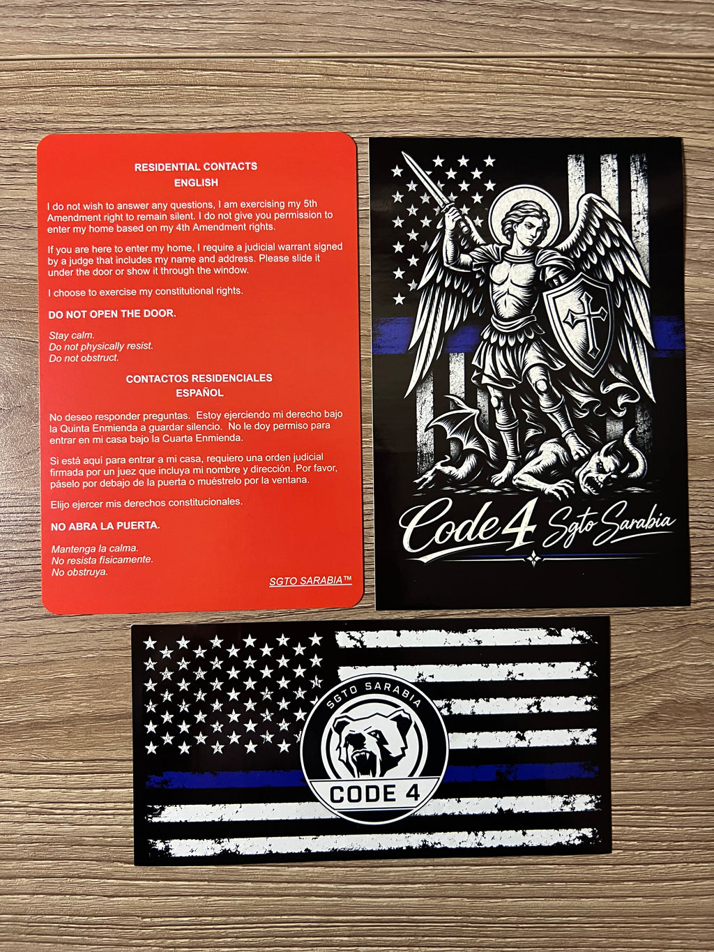 SGTO SARABIA St. Michael Archangel Code 4 Decal Bundle – Waterproof Vinyl Decals with Thin Blue Line Flag & Free Bilingual Red Card